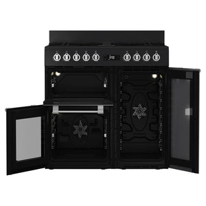 Beko 90cm Multifunction Dual Fuel Anthracite Freestanding Oven BRC916GMAN, Front All Doors Open View