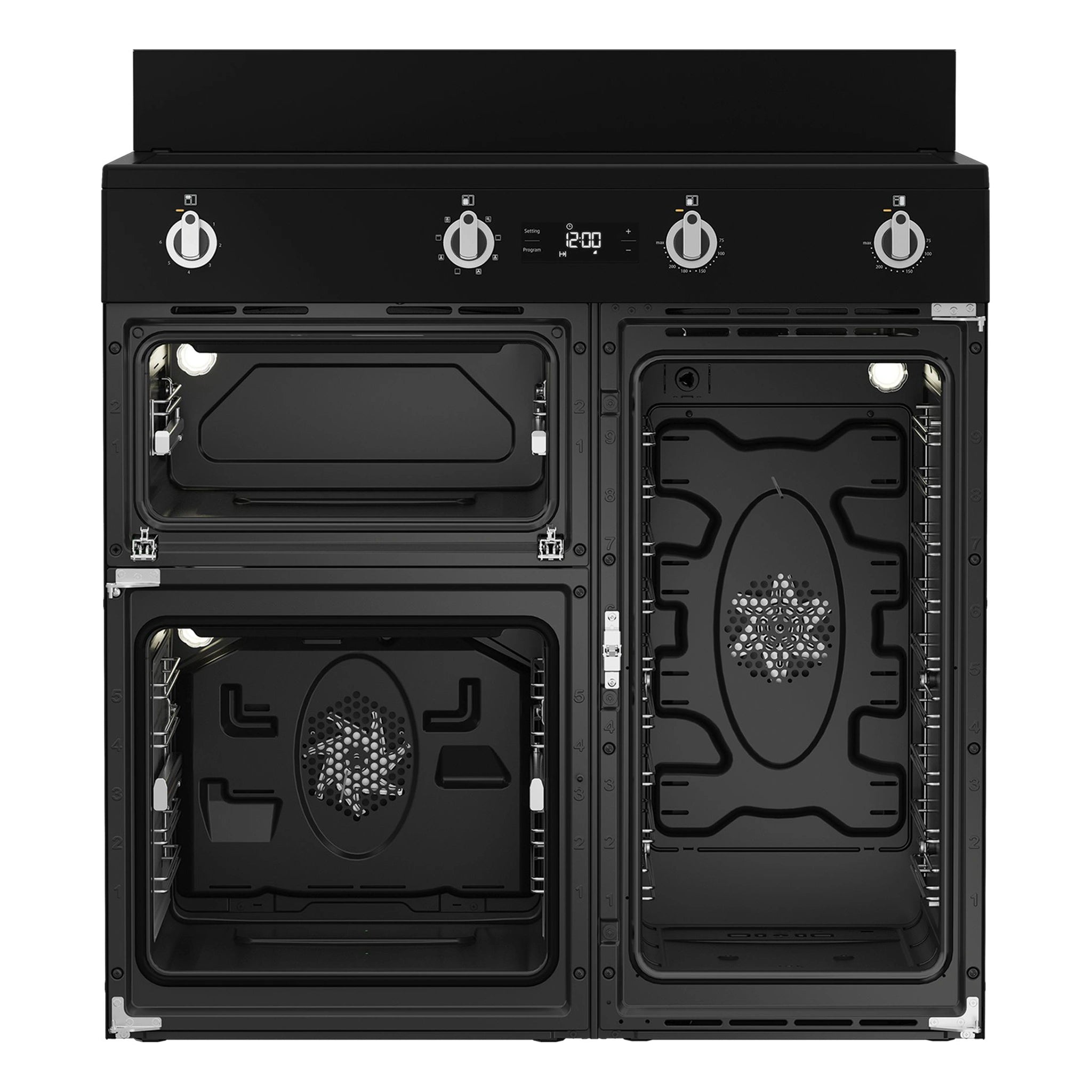 Beko 90cm Black Induction Multi Door Freestanding Oven BRC916IMB, Front Inside View