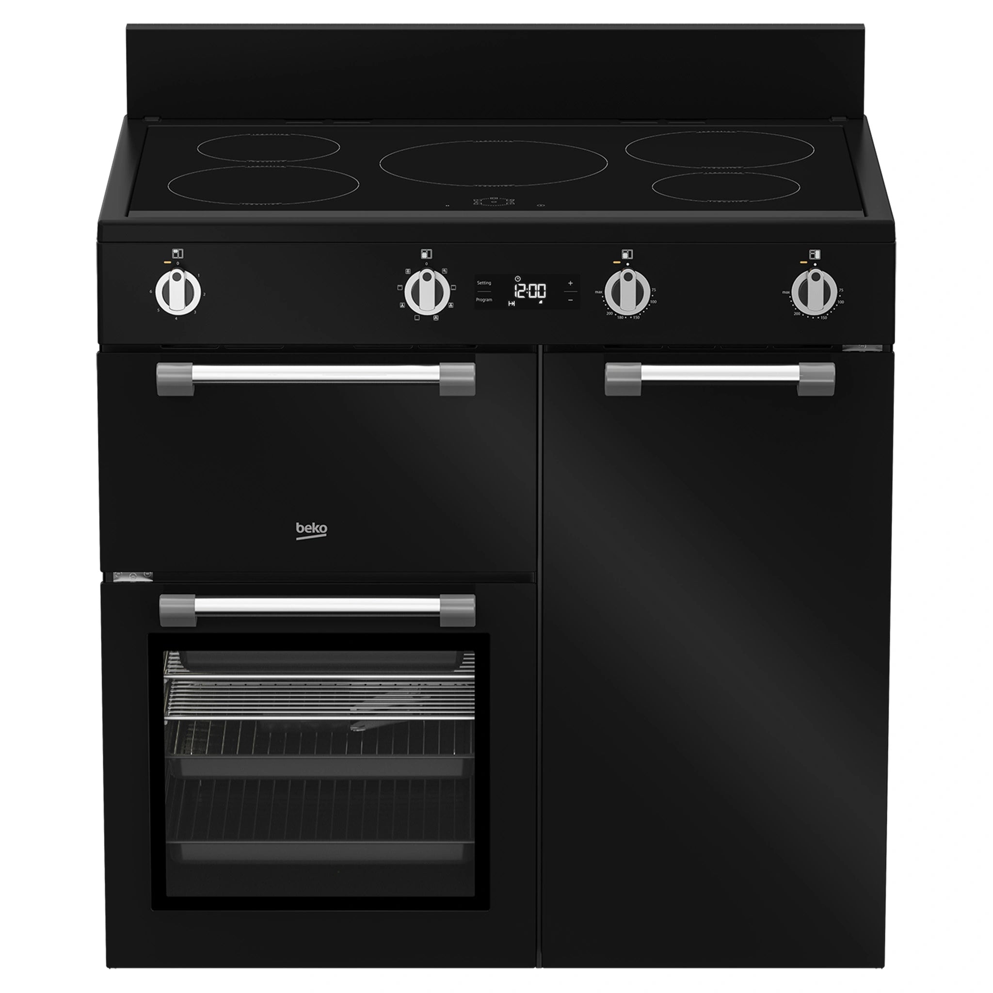Beko 90cm Black Induction Multi Door Freestanding Oven BRC916IMB, Front View With Door Open, Front View