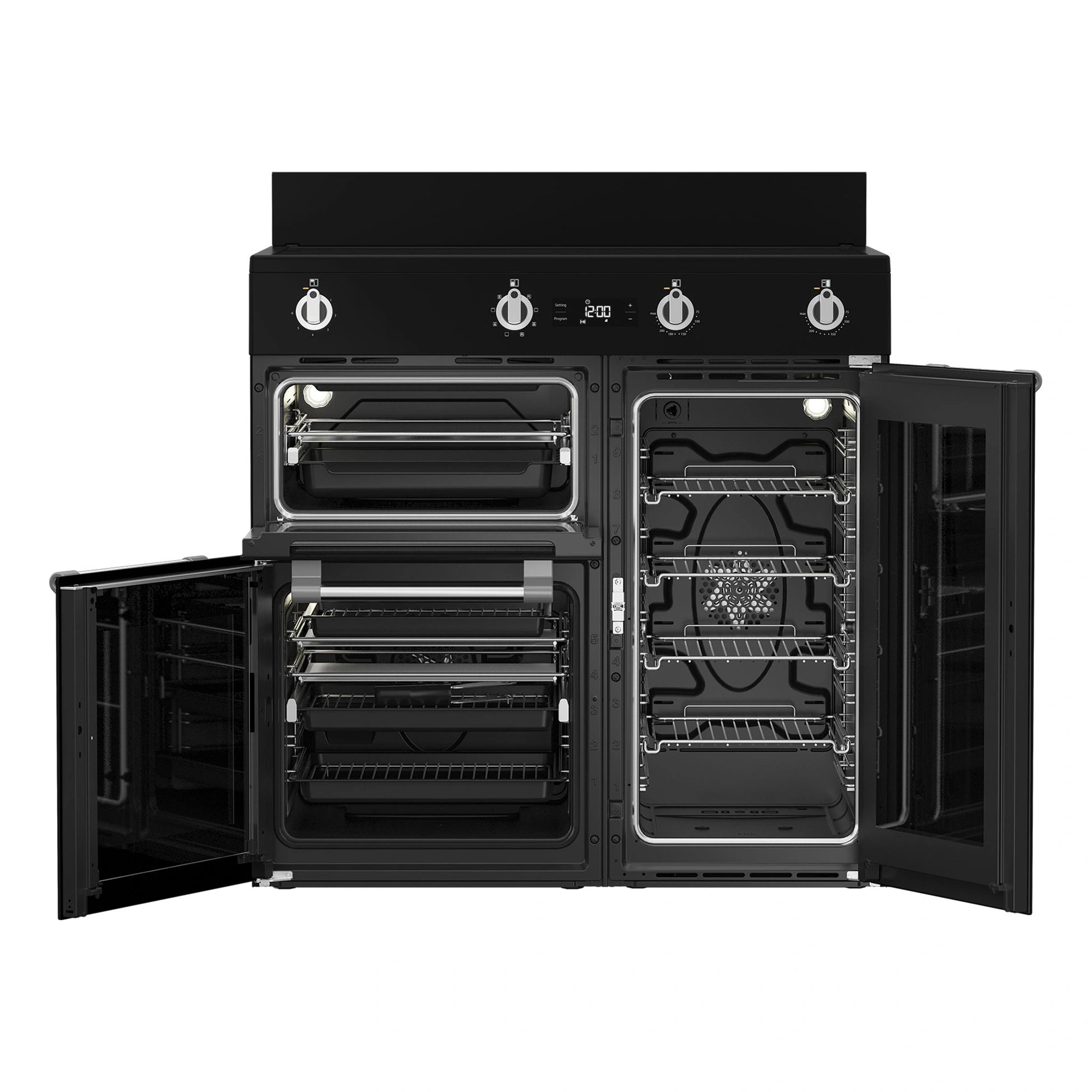 Beko 90cm Black Induction Multi Door Freestanding Oven BRC916IMB, Front View With Door Open