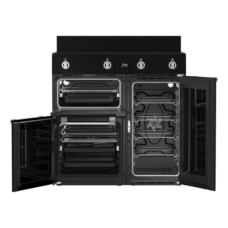 Beko 90cm Black Induction Multi Door Freestanding Oven BRC916IMB, Front View With Door Open
