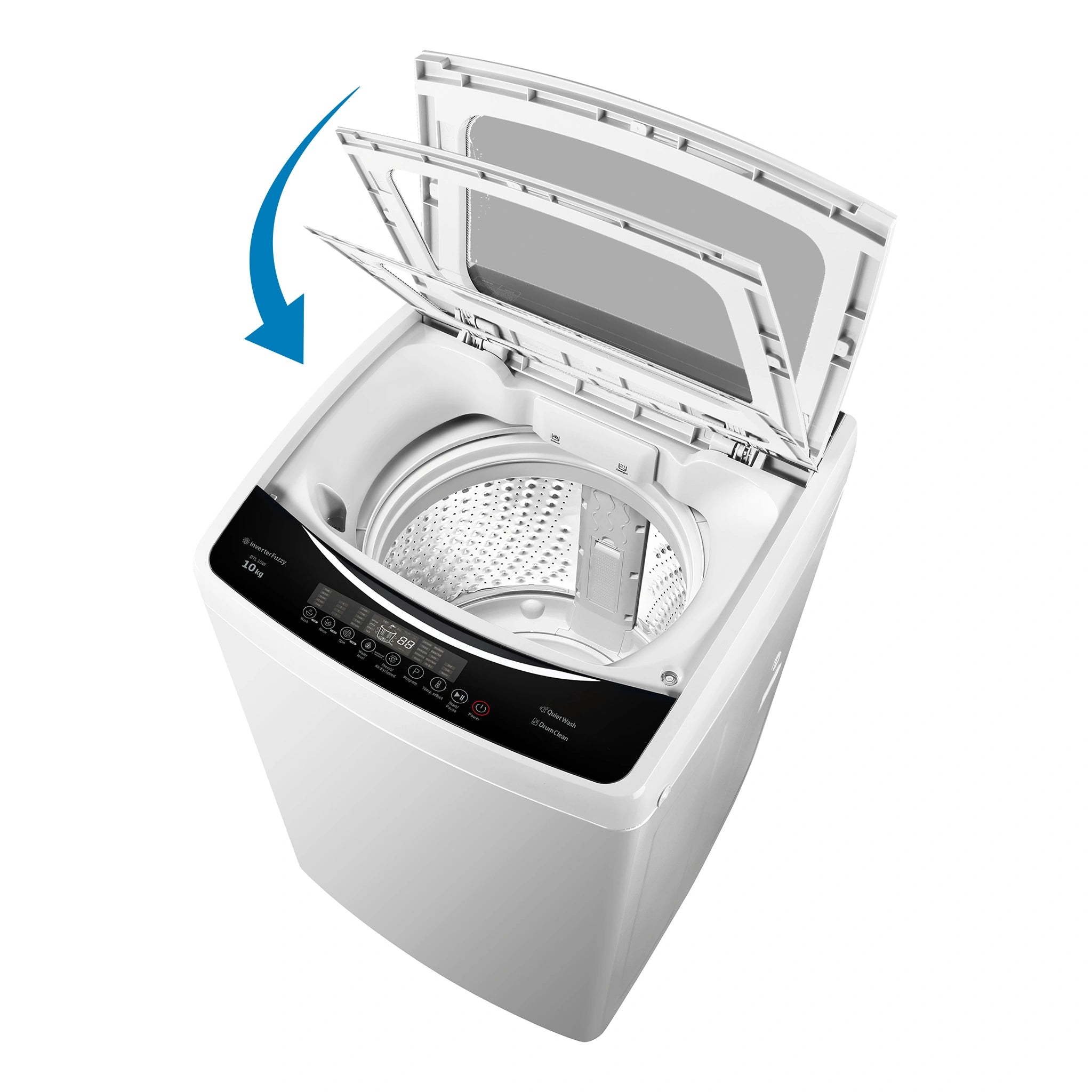 Beko 10kg White Automatic Top-Load Washing Machine BTL10W, Front View with Door Open