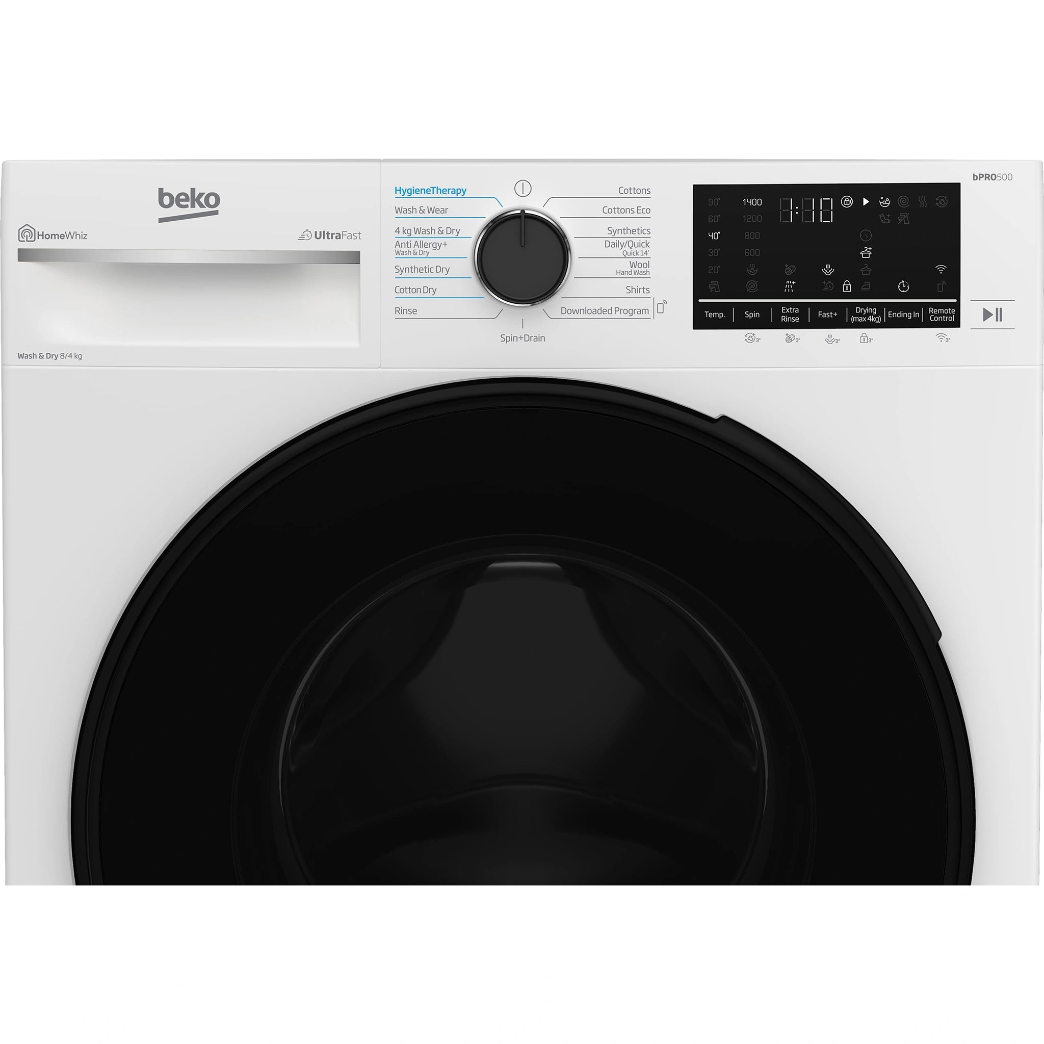 Beko 8kg/4kg Front Load Washer Dryer Combo with SteamCure® BWDB8420W, Control Panel View 2