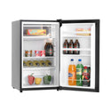 Heller 116L Bar Fridge Black BFH116B, Front right view with door open, full of food items, and bottles