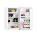 Heller 116L Bar Fridge White BFH116, Front right view with door open, full of food items, and bottles