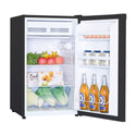 Heller BFH126B 126L Bar Fridge Black, Front view with door open, full of food items, and bottles