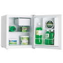 Heller BFH6 47L Mini Bar Fridge White, Front right view with door open, full of food items, and bottles