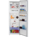 Beko BTM345W 345L Top Mount Fridge, Front view with open doors, full of food items, and bottles