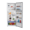Beko BTM425W 424L Top Mount Fridge, Front view with doors open, full of food items, and bottles