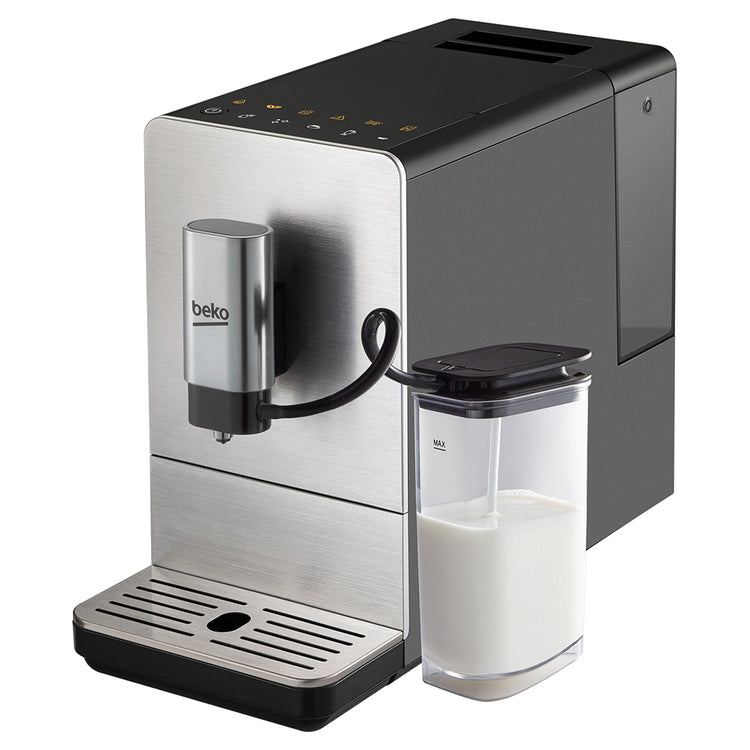 Beko CEG5331X Bean to Cup Automatic Espresso Machine with Milk Cup, Front left view with milk jug