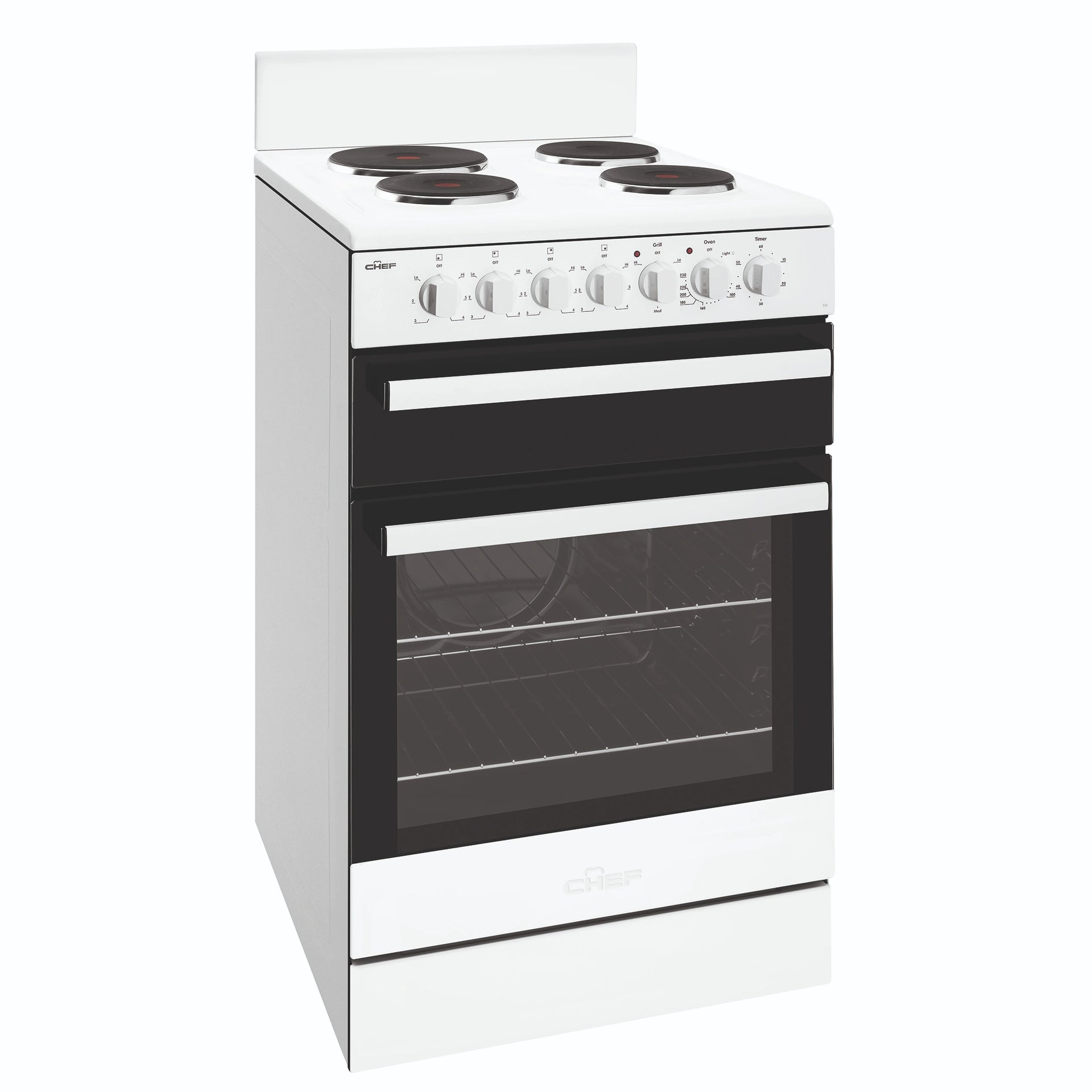 Chef 54cm white freestanding cooker CFE535WB, Front View