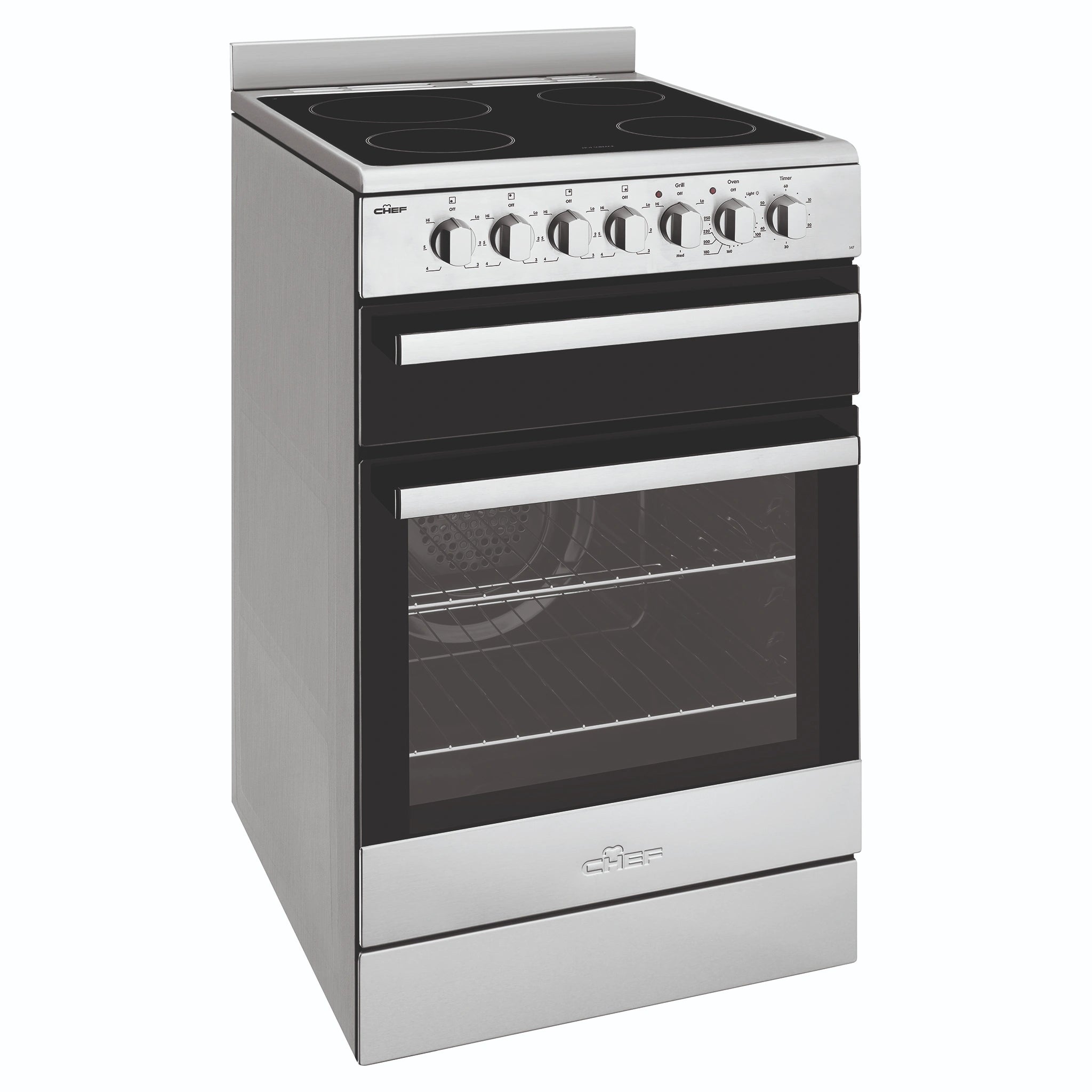 Chef 54cm stainless steel freestanding oven with electric cooktop CFE547SBB, Front View