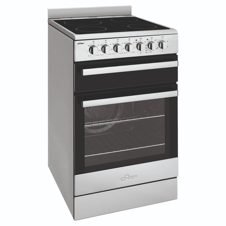 Chef 54cm stainless steel freestanding oven with electric cooktop CFE547SBB, Front View