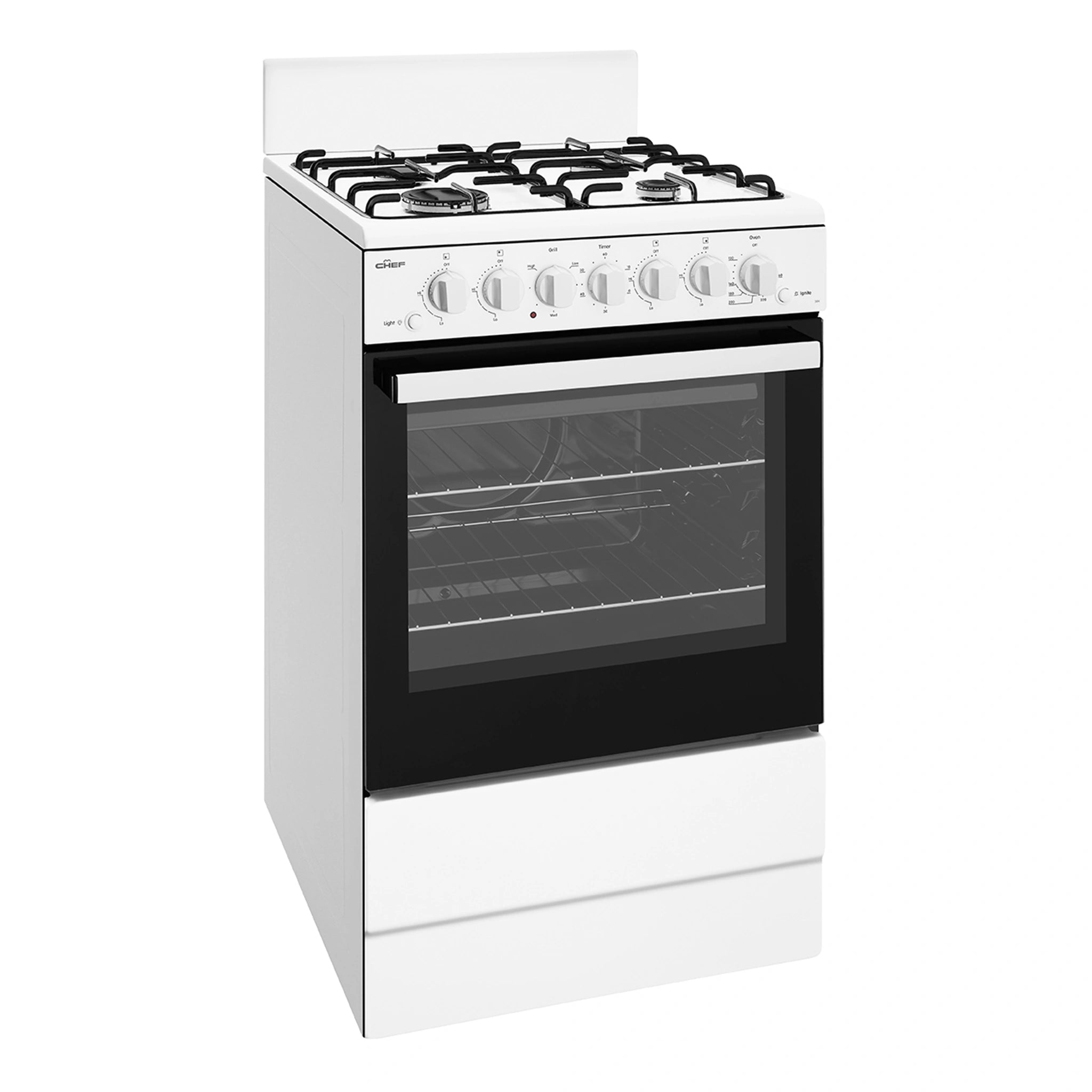 Chef 54cm White Freestanding Cooker CFG504WCH, Front Left Side View