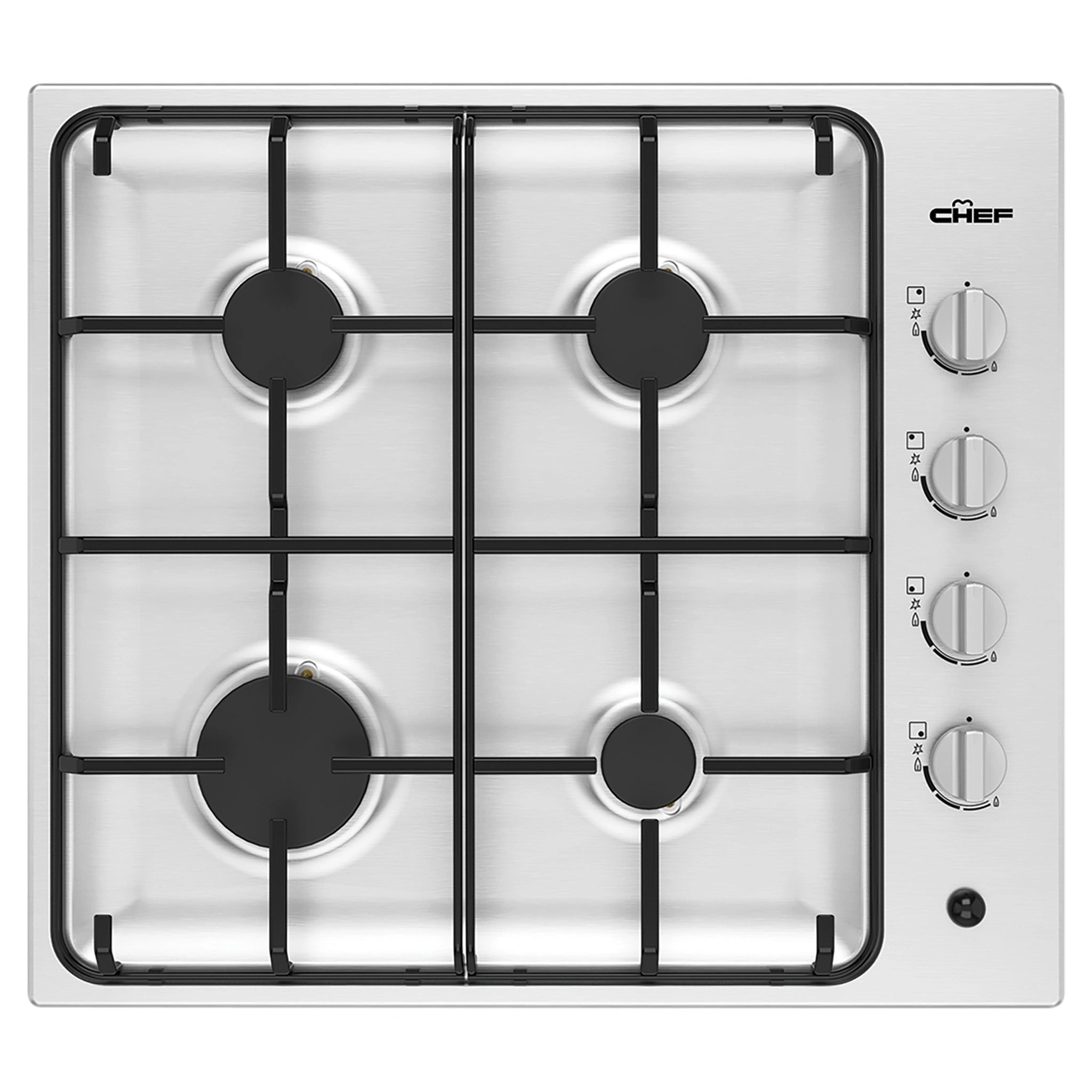 Chef 60cm 4-Burner Gas Cooktop, Stainless CHG642SC, Front View