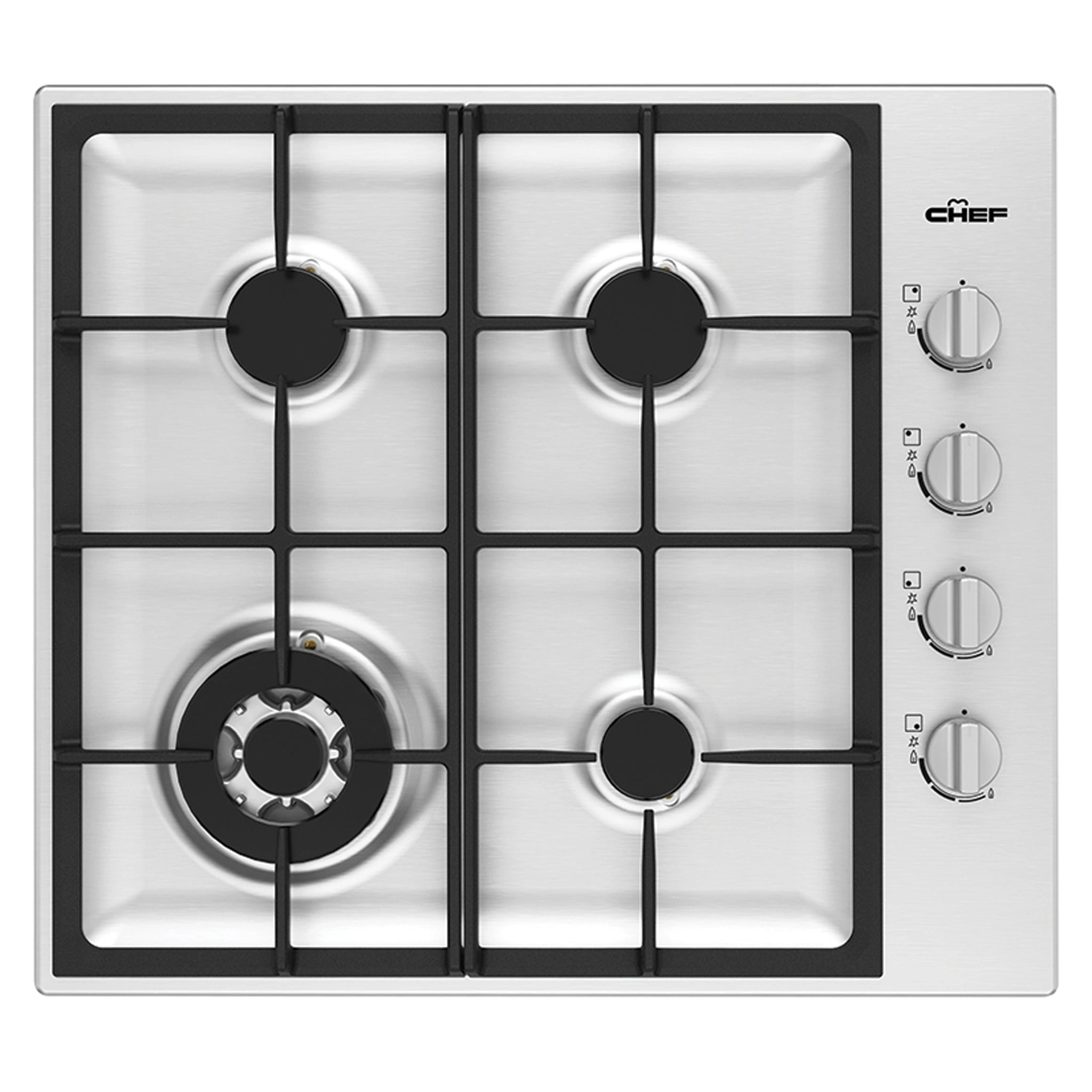 Chef 60cm 4-Burner Gas Cooktop, Stainless CHG644SC, Front View
