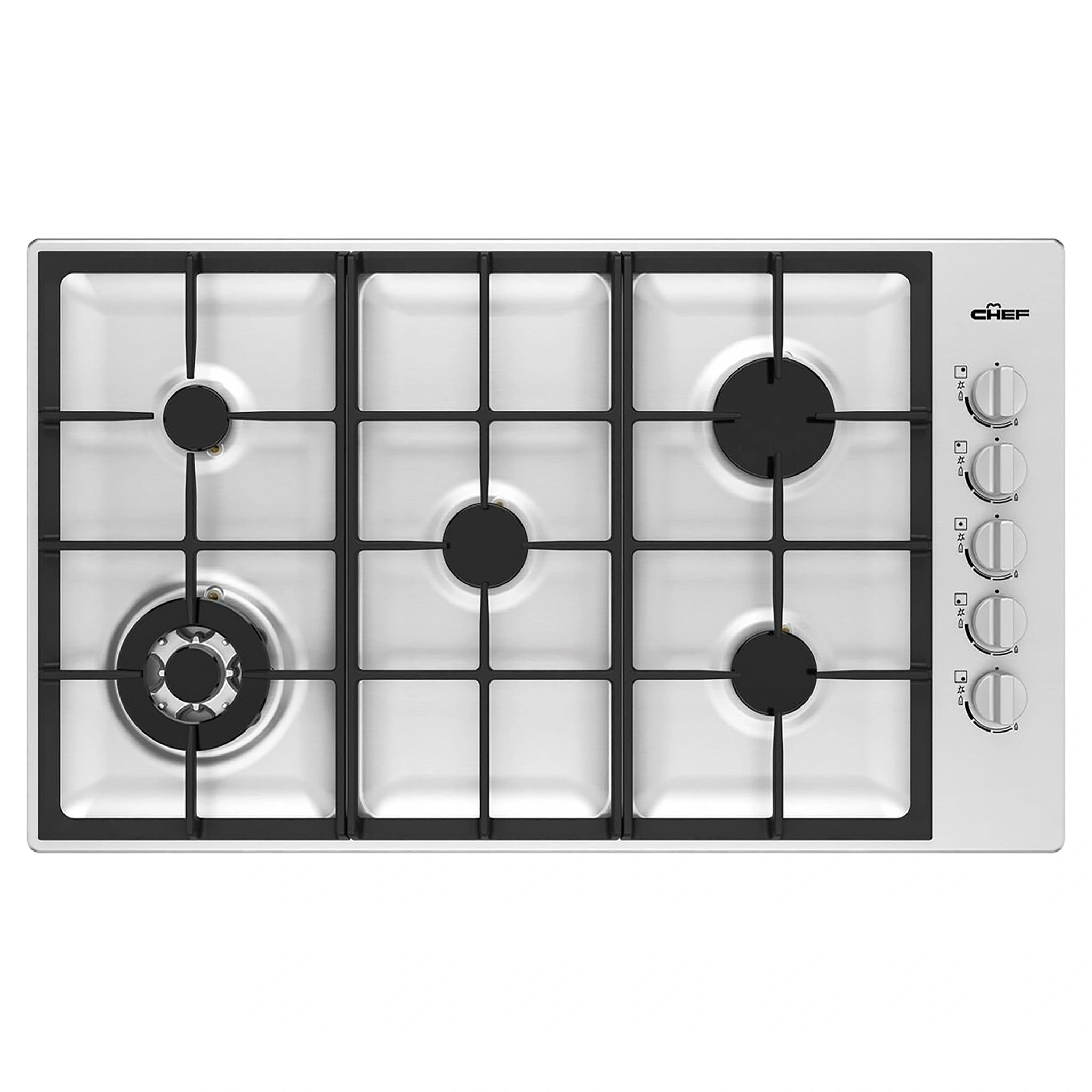 Chef 90cm 5-Burner Gas Cooktop, Stainless Steel CHG954SC, Front View
