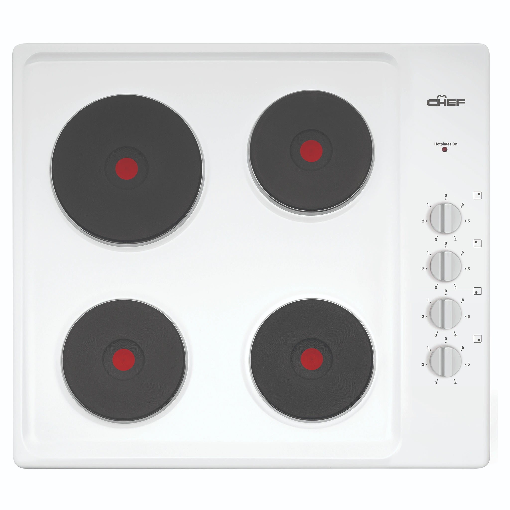Chef 60cm 4-Zone Electric Solid Cooktop, White CHS642WB, Front View