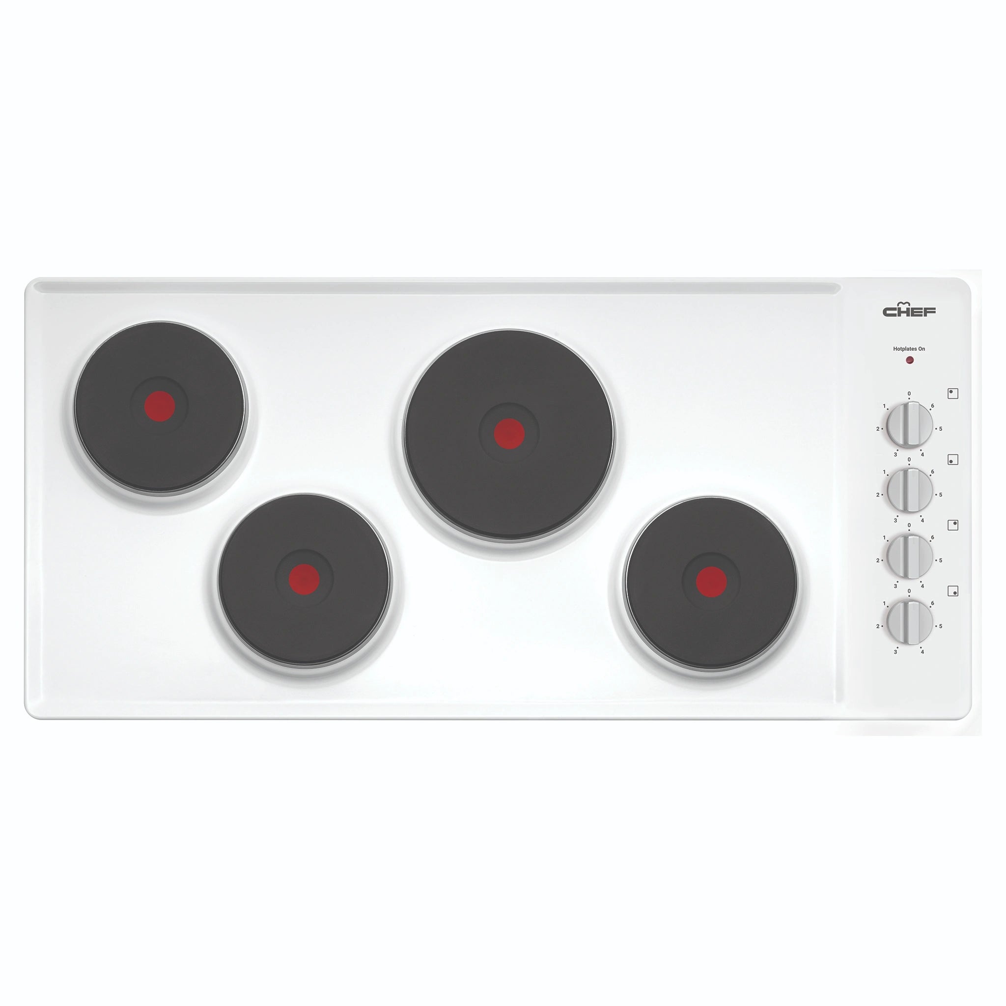 Chef 90cm 4-Zone Electric Solid Cooktop, White CHS942WB, Front View