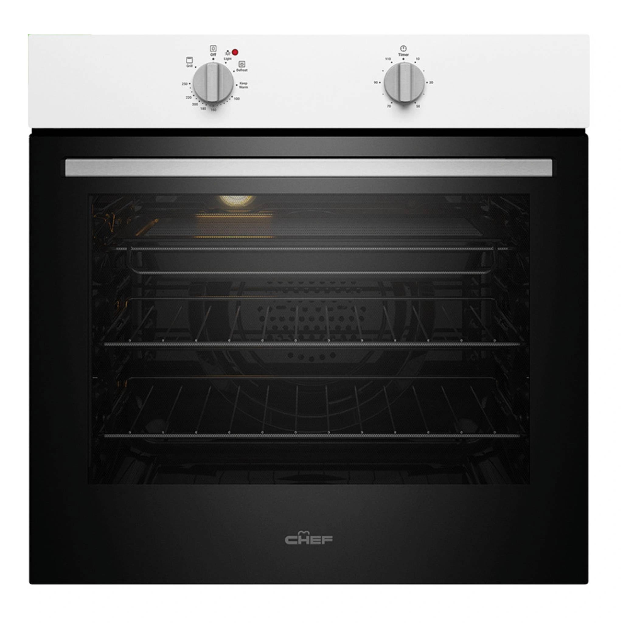 Chef 60cm Multi Function White Fan Forced Electric Built-In Oven CVE612WB, Front View
