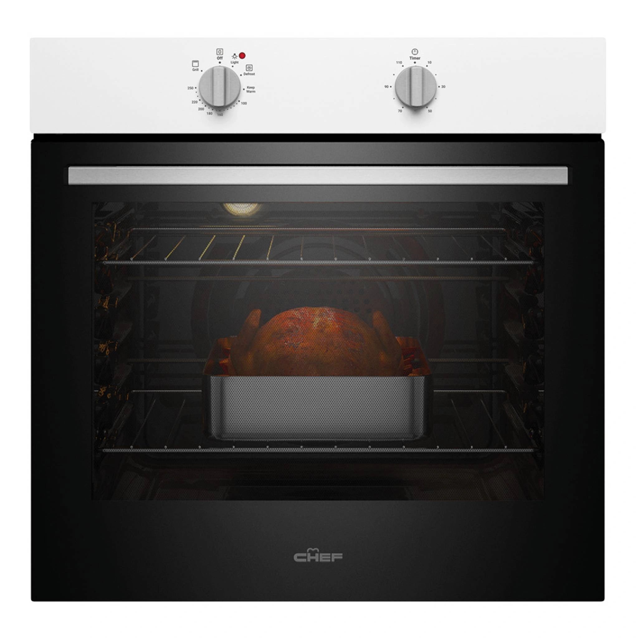Chef 60cm Multi Function White Fan Forced Electric Built-In Oven CVE612WB, Front View