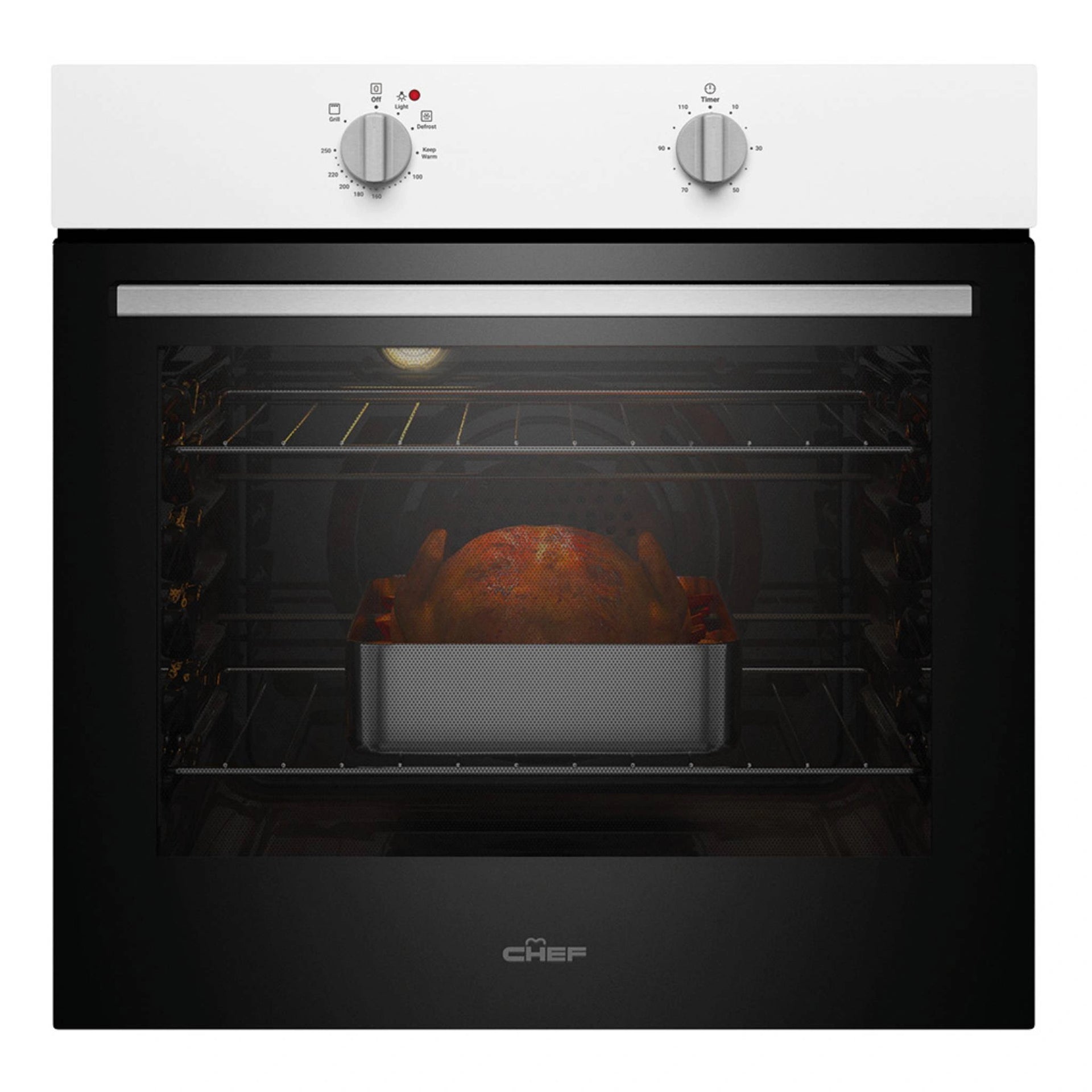 Chef 60cm Multi Function White Fan Forced Electric Built-In Oven CVE612WB, Front View