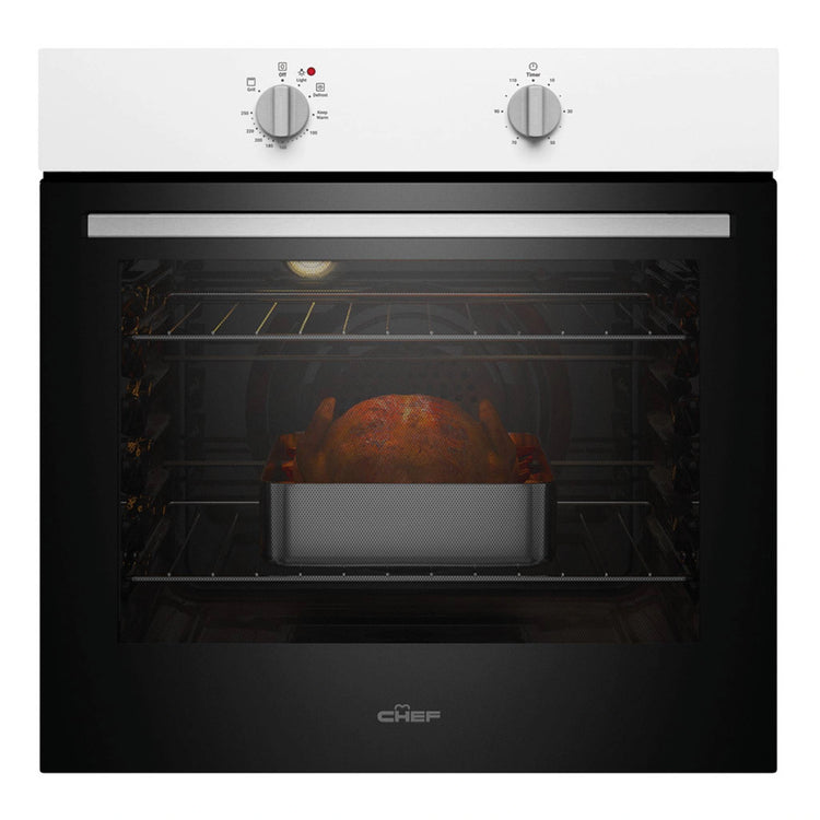 Chef 60cm Multi Function White Fan Forced Electric Built-In Oven CVE612WB, Front View