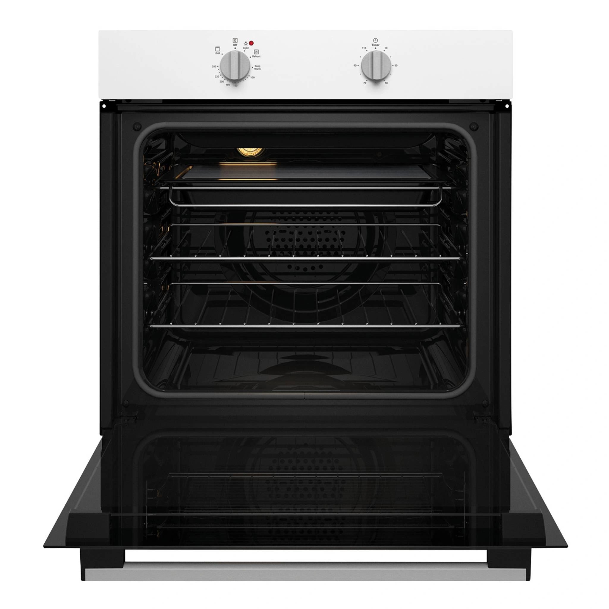 Chef 60cm Multi Function White Fan Forced Electric Built-In Oven CVE612WB, Front View with Door Open