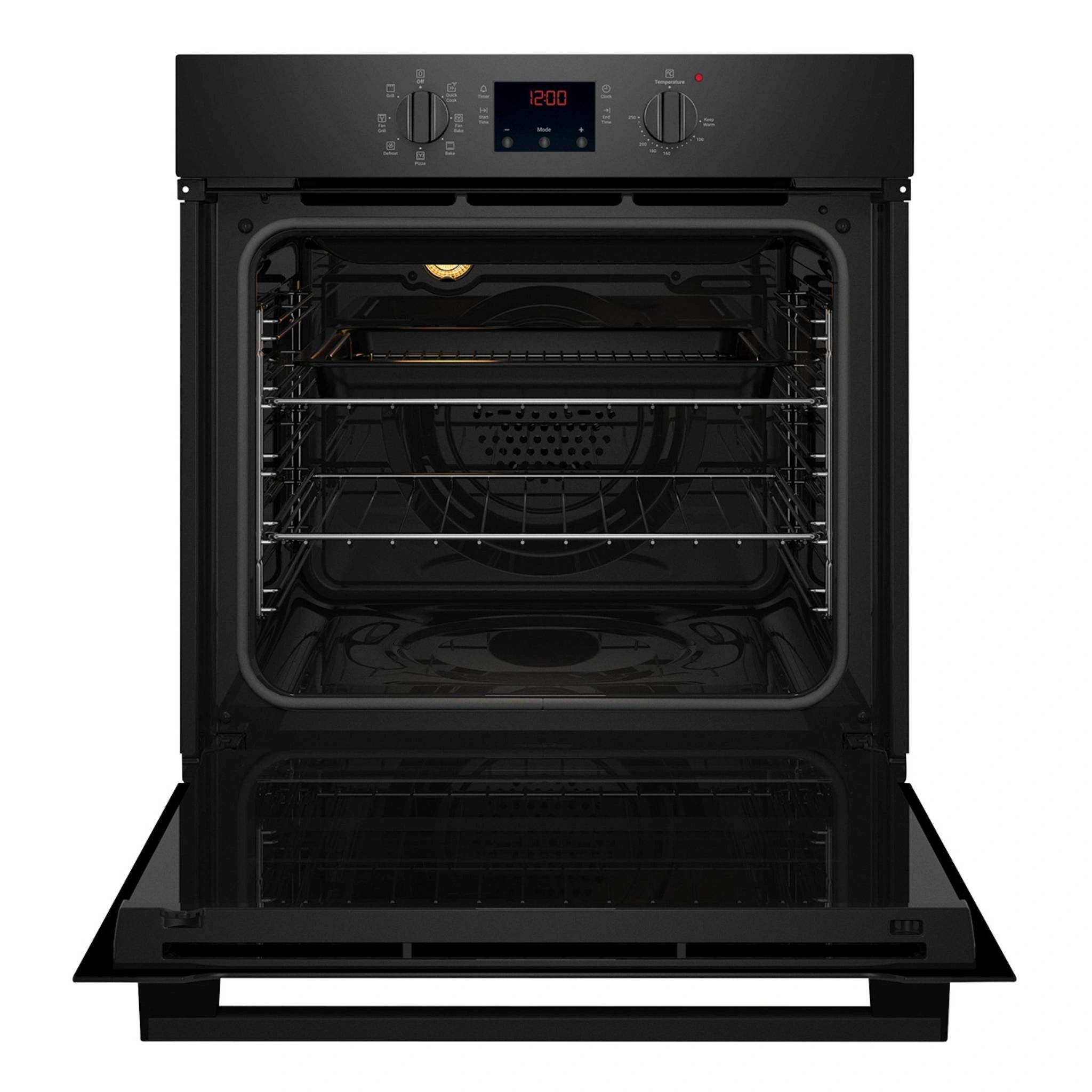 Chef 60cm Electric Multi-Function Built-In Oven with Quick Cook CVE614DB, Front View with Door Open
