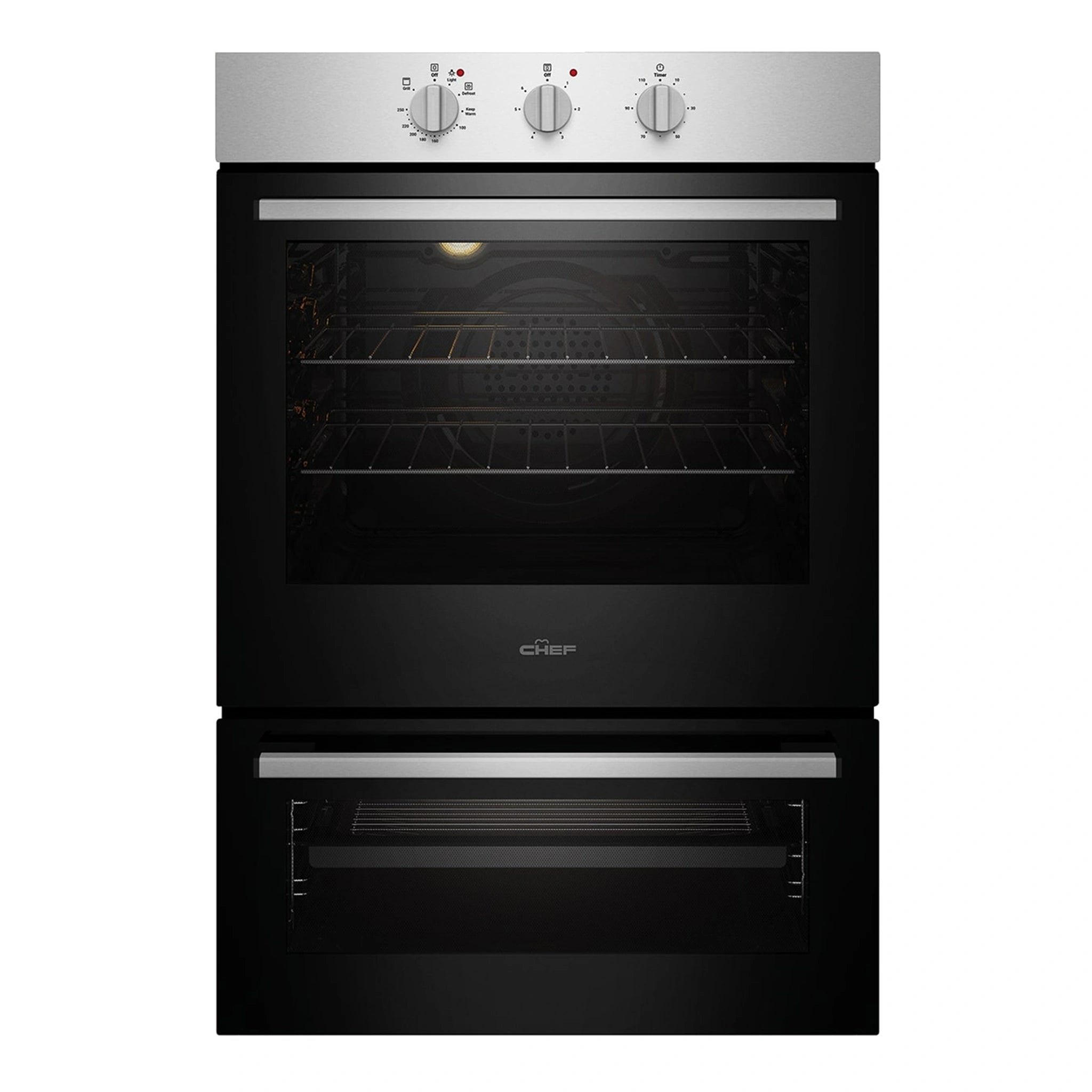 Chef 60cm Electric Built-In Fan Forced Oven with Separate Grill CVE662SB, Front Double Oven View