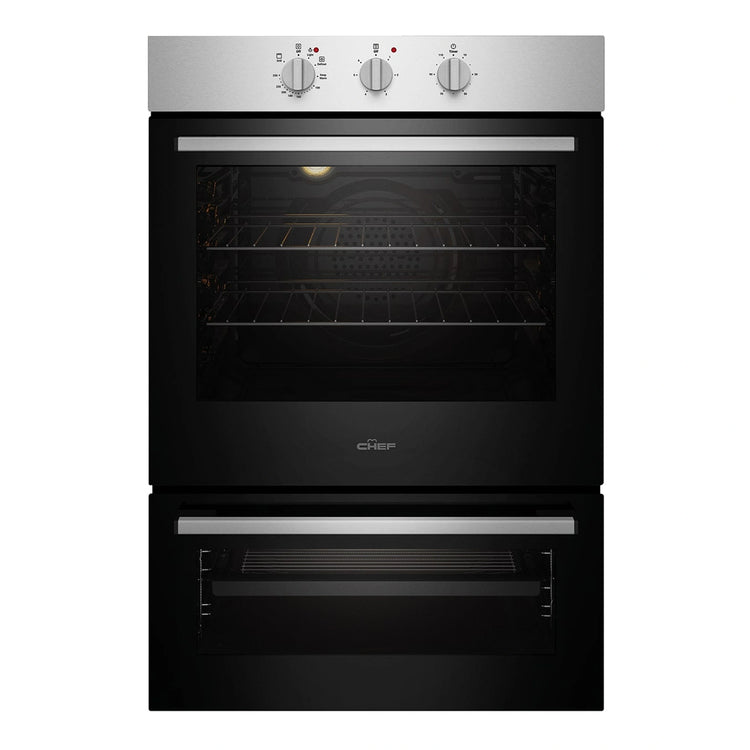 Chef 60cm Electric Built-In Fan Forced Oven with Separate Grill CVE662SB, Front Double Oven View