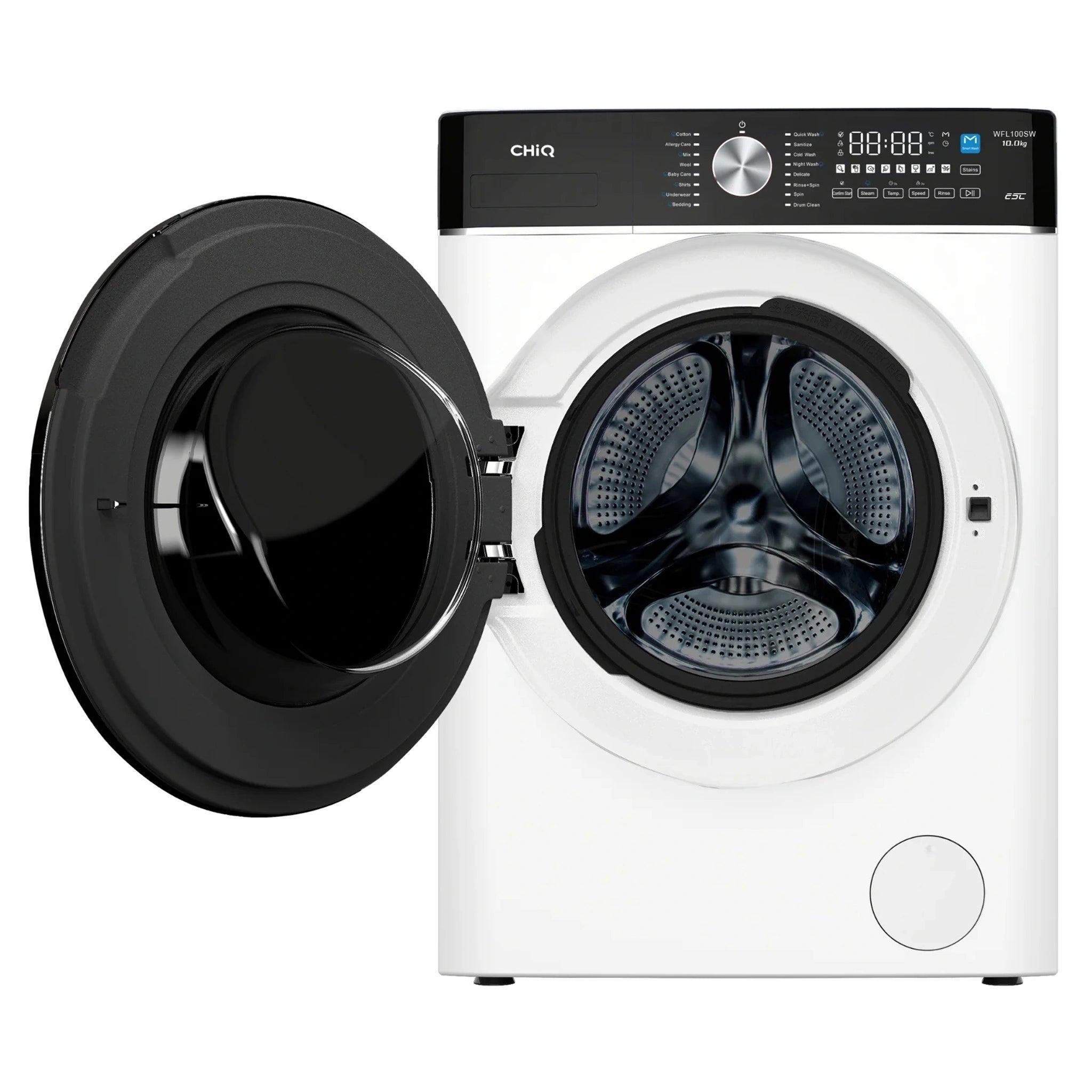 CHiQ 10Kg White Front Load Washer WFL100SW, Front View with Door Open