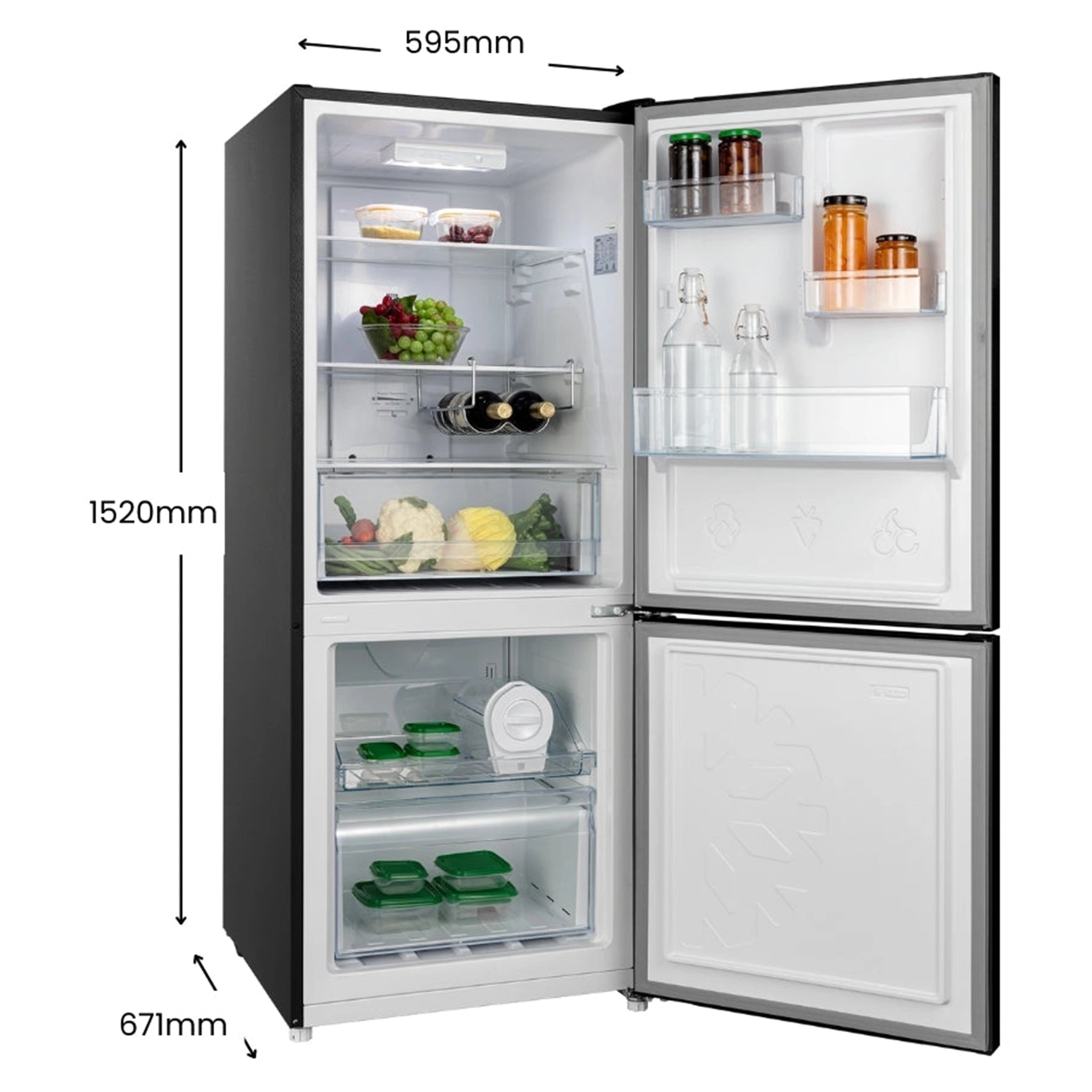 CHiQ 283L Bottom Mount Fridge Black CBM280NB3, Left Side View With Door Open Storages