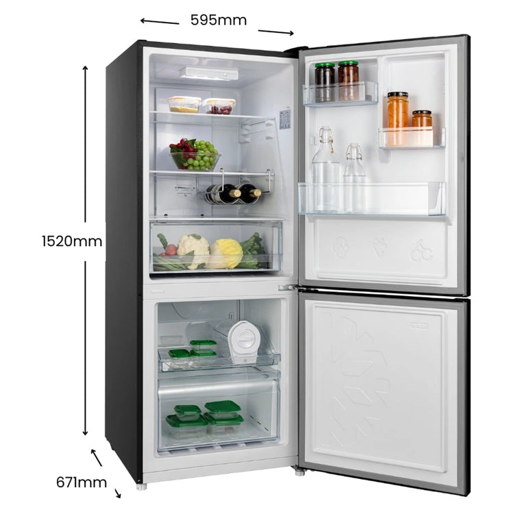 CHiQ 283L Bottom Mount Fridge Black CBM280NB3, Left Side View With Door Open Storages