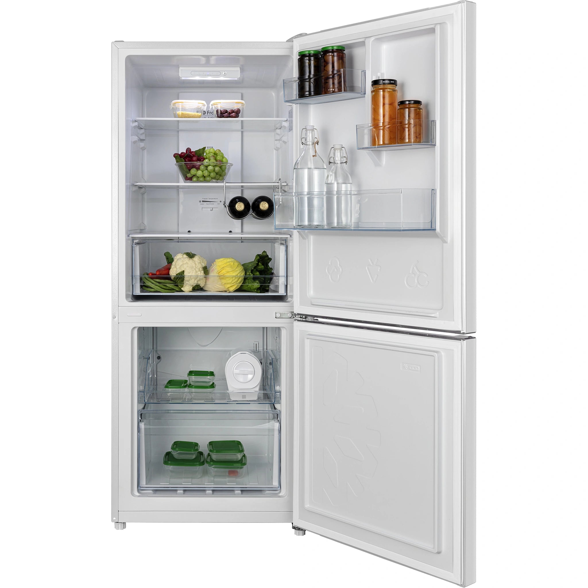 CHiQ 283L Bottom Mount Fridge White CBM283NW3, Front View With Door Open Storages