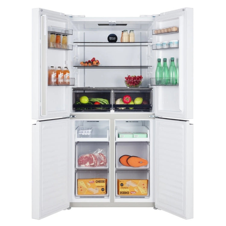 ChiQ 503L Quad Door Fridge - White Steel CCD499NWS, Front View Double Door Open View With Storages