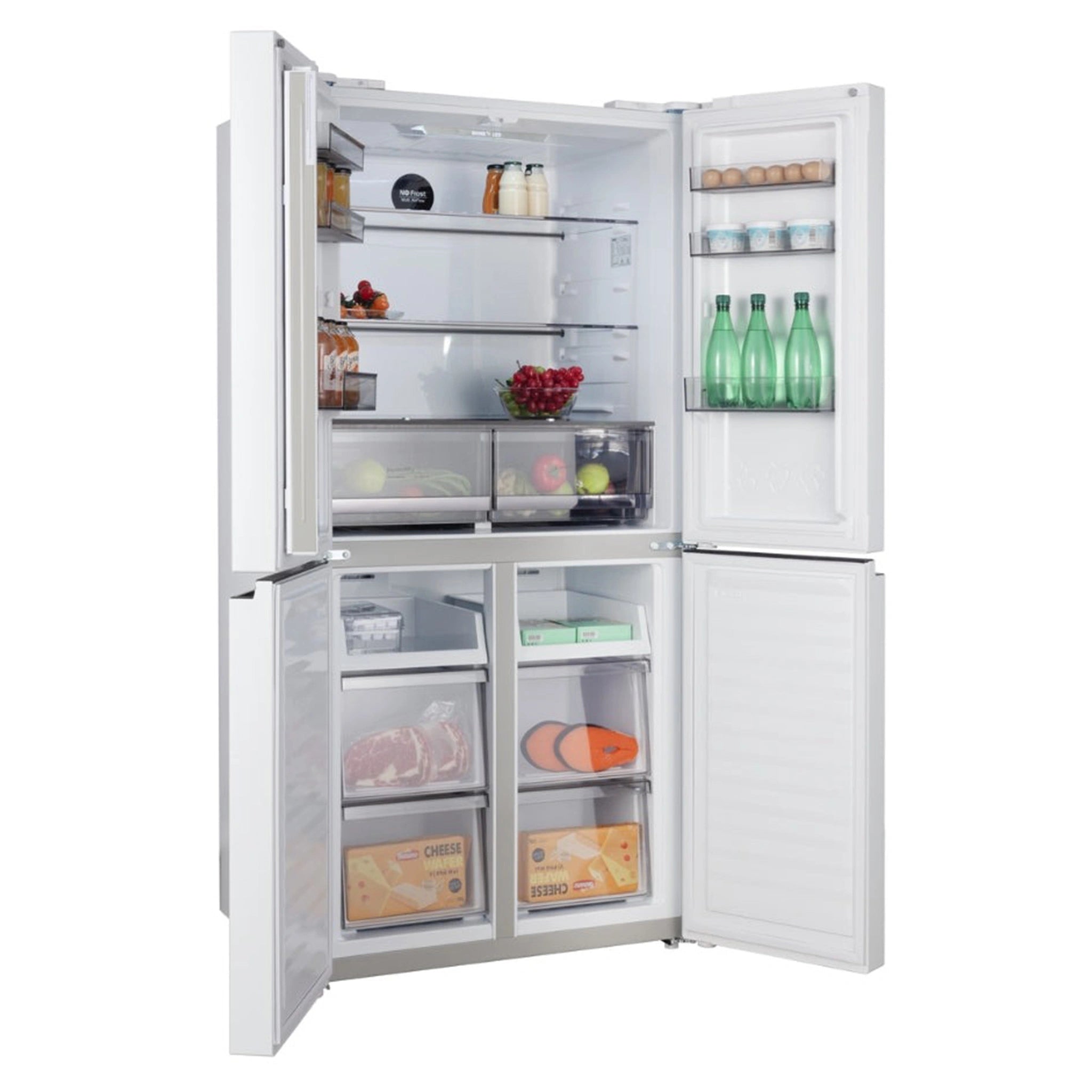 ChiQ 503L Quad Door Fridge - White Steel CCD499NWS, Front View Right Side Double Door Open View With Storages