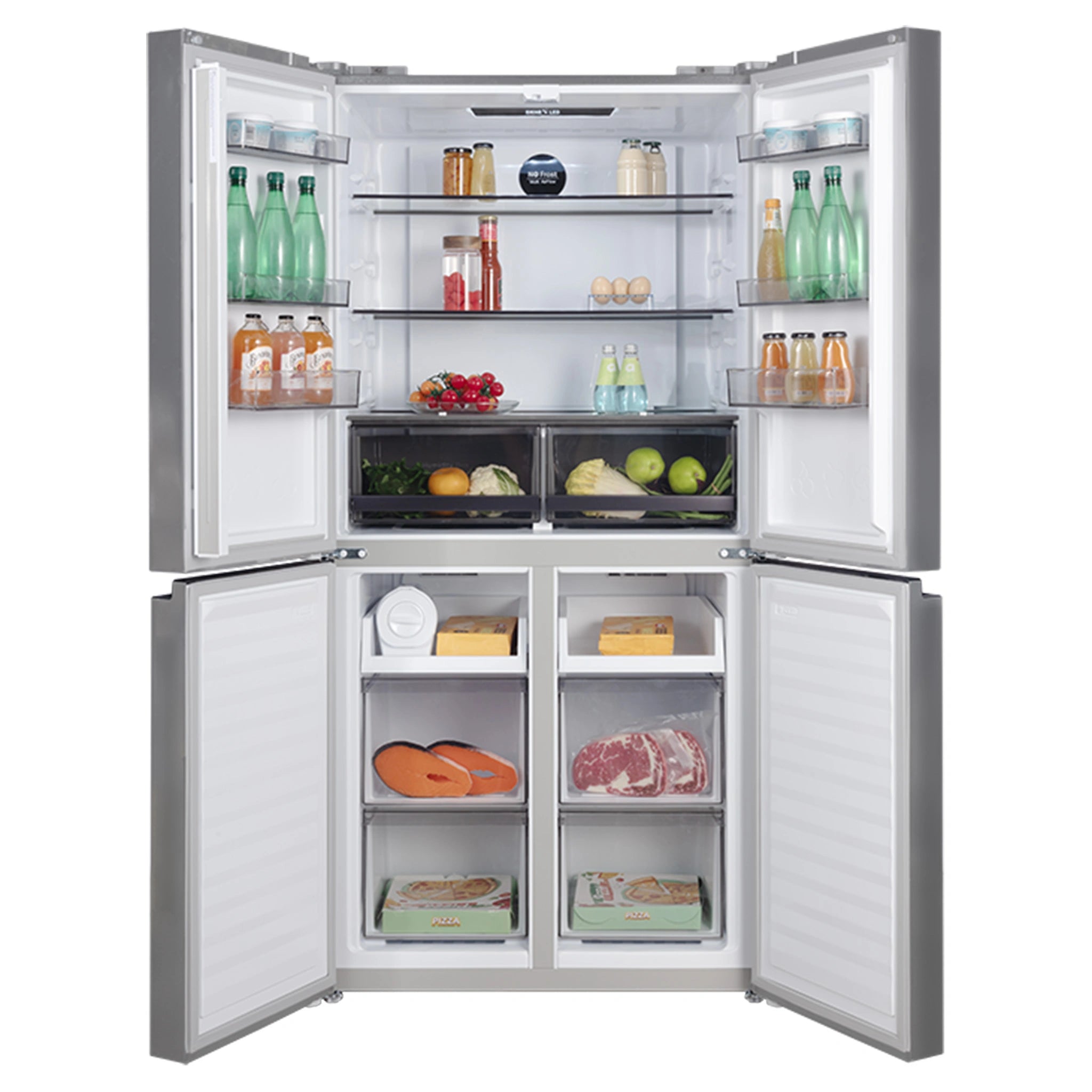 CHiQ 503L Silver Four Door Frost-Free Refrigerator CCD500NS, Front View With Double Door Open View With Storages