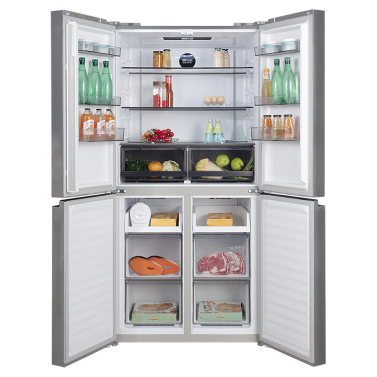 CHiQ 503L Silver Four Door Frost-Free Refrigerator CCD500NS, Front View With Double Door Open View With Storages