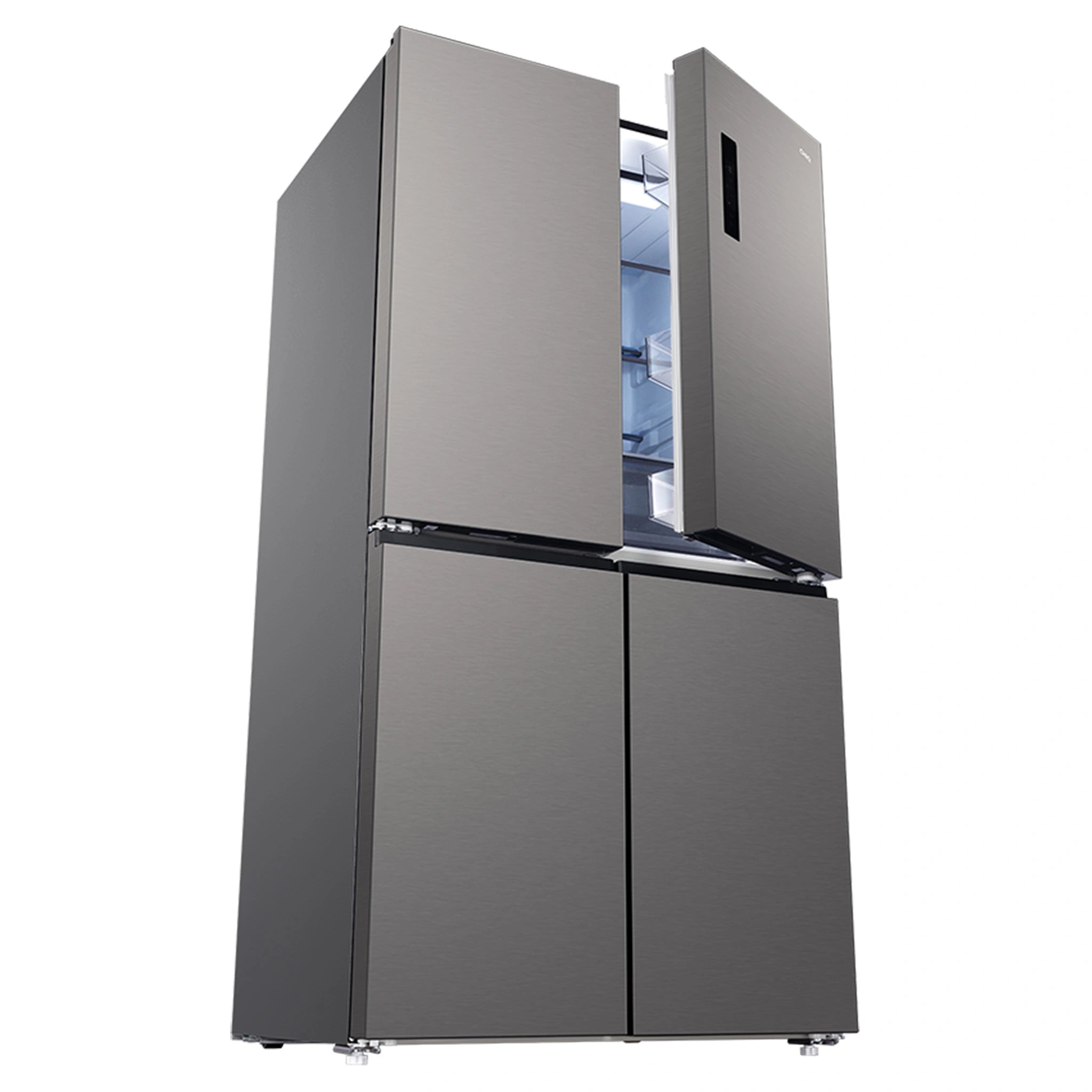 CHiQ 601L Silver French Door Frost-Free Refrigerator CCD596NS, Front Right Side Half Door Open View
