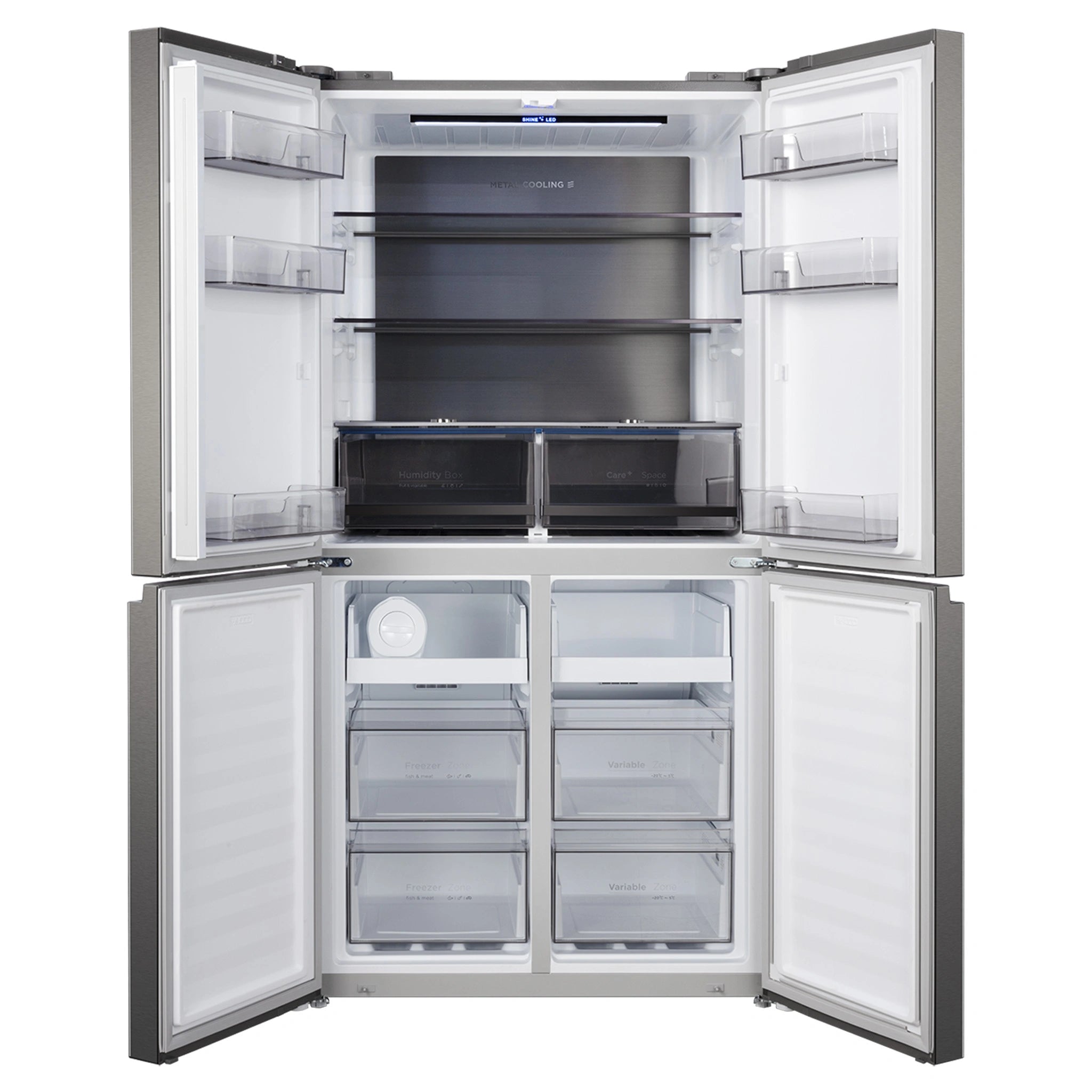 CHiQ 601L Silver French Door Frost-Free Refrigerator CCD596NS, Front View With Double Door Open View