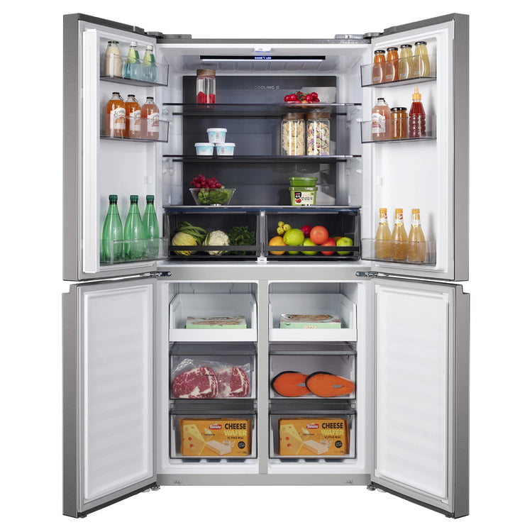 CHiQ 601L Silver French Door Frost-Free Refrigerator CCD596NS, Front View With Double Door Open View With Storages
