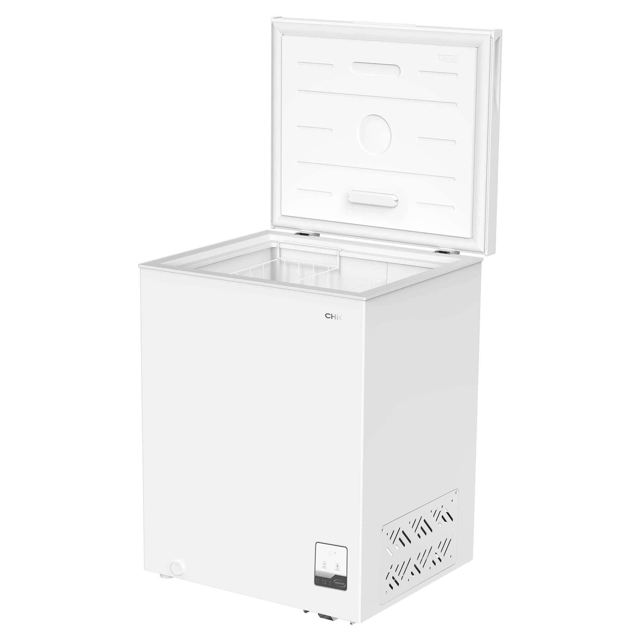 CHiQ 142L White Hybrid Chest Freezer CCF142WE, Left Angle Open Door View