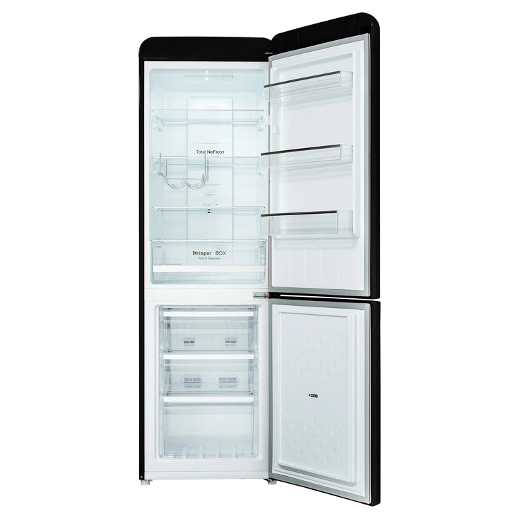 CHiQ 231L Bottom Mount Retro Fridge Black CRBM229NB3, Front View With Door Open