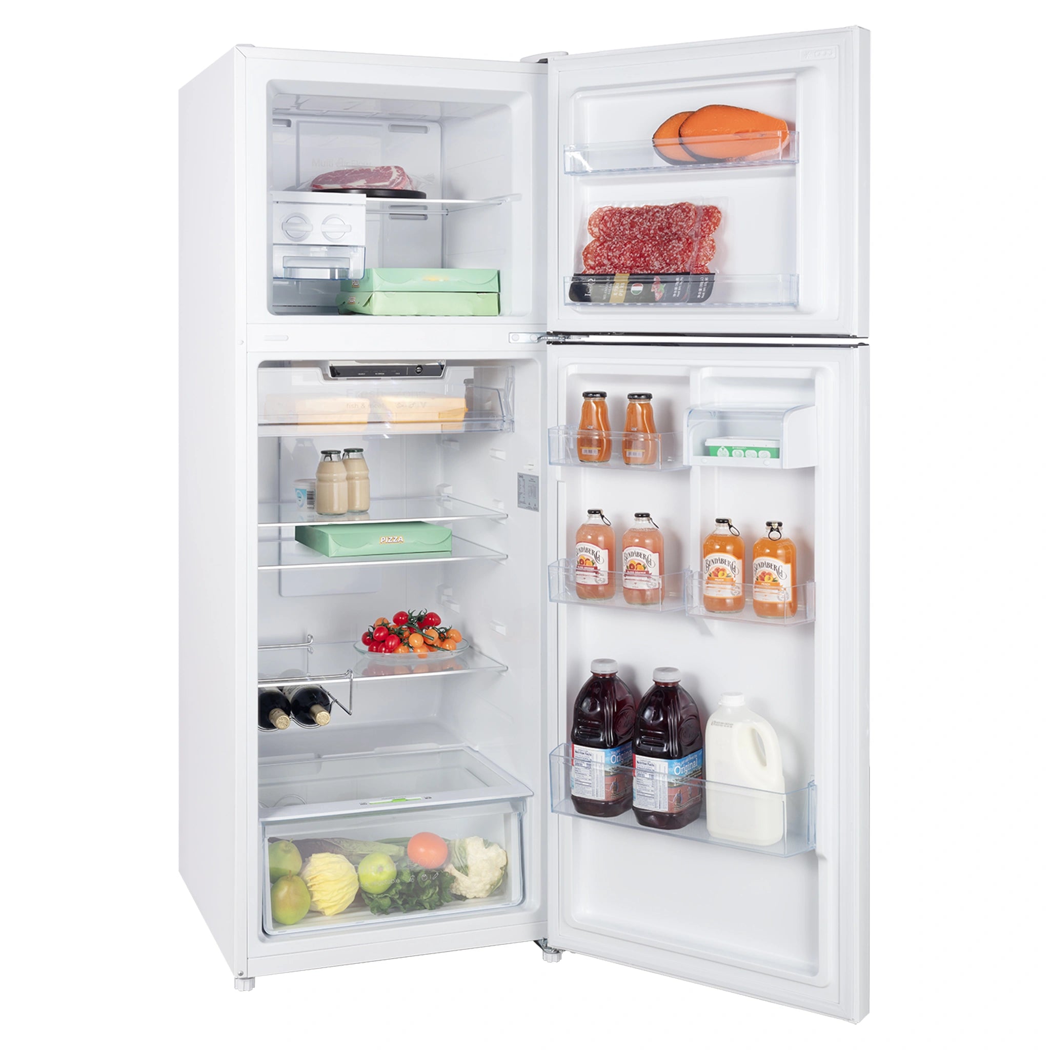 CHiQ 348L Top Mount Fridge White CTM348NW5E, Front Left Side View With Door Open Storage View