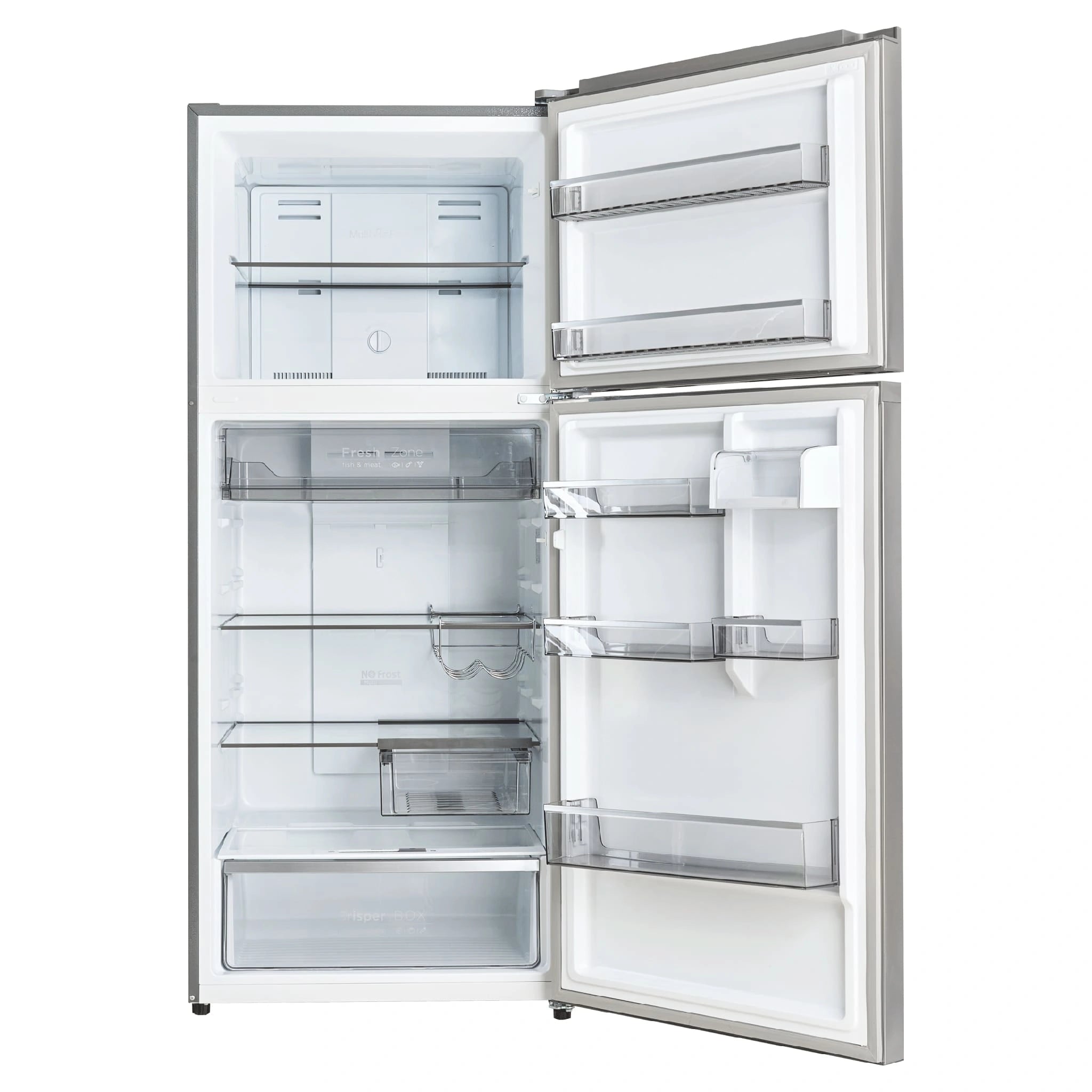 CHiQ 410L Top Mount Fridge Stainless Steel CTM408NSS5E, Front View With Door Open