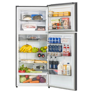 CHiQ 410L Top Mount Fridge Stainless Steel CTM408NSS5E, Front View With Door Open Storages