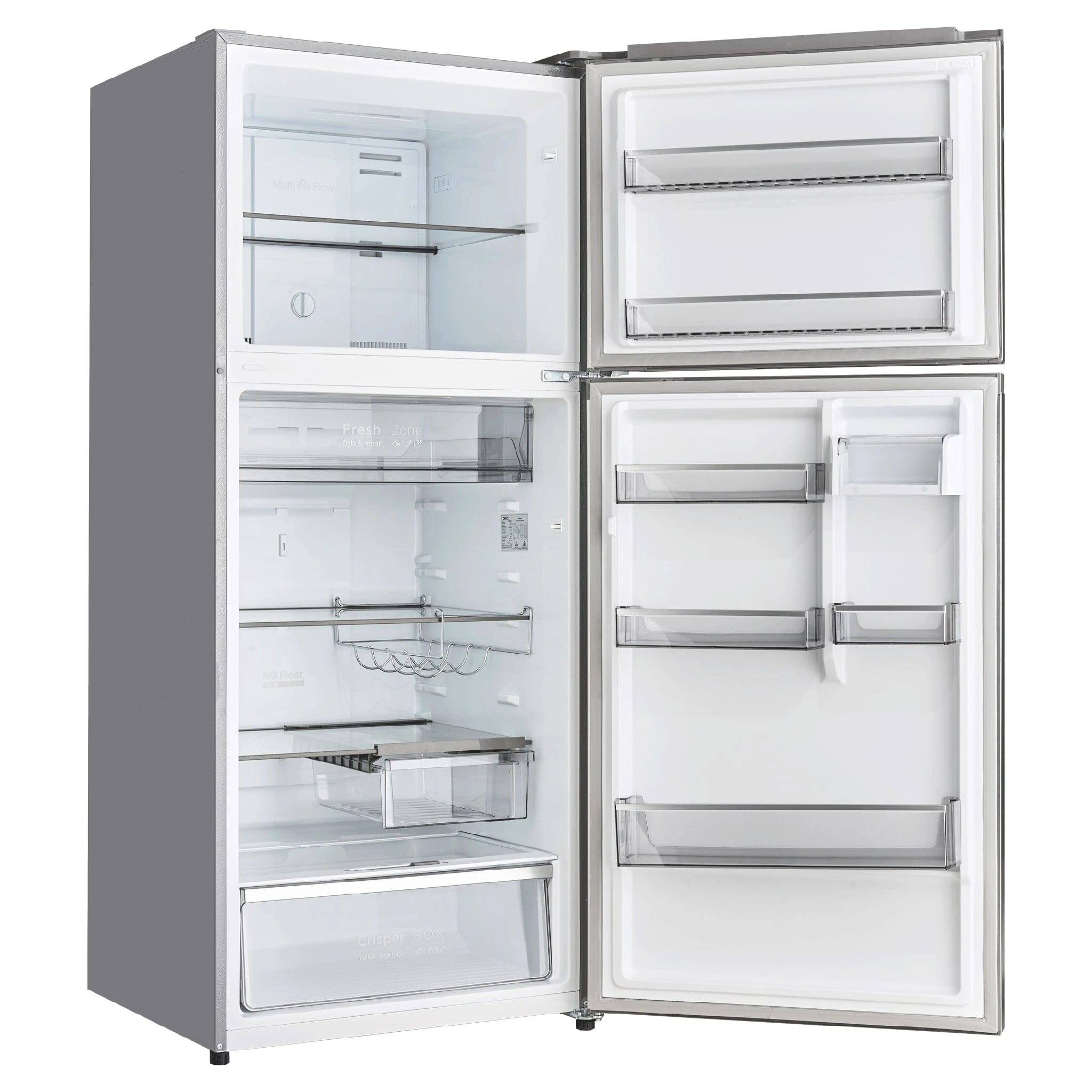 CHiQ 410L Top Mount Fridge Stainless Steel CTM408NSS5E, Left Side View With Door Open