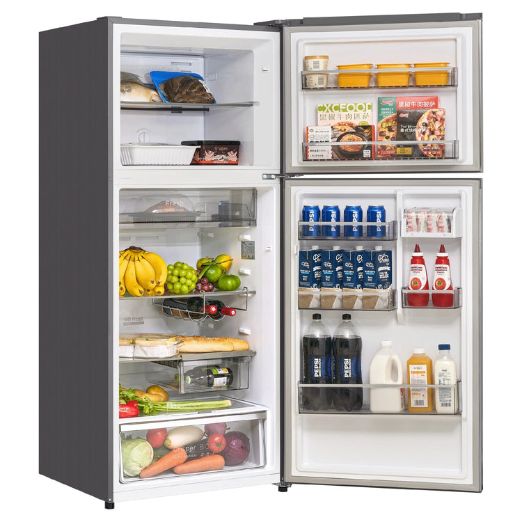 CHiQ 410L Top Mount Fridge Stainless Steel CTM408NSS5E, Left Side View With Door Open Storages