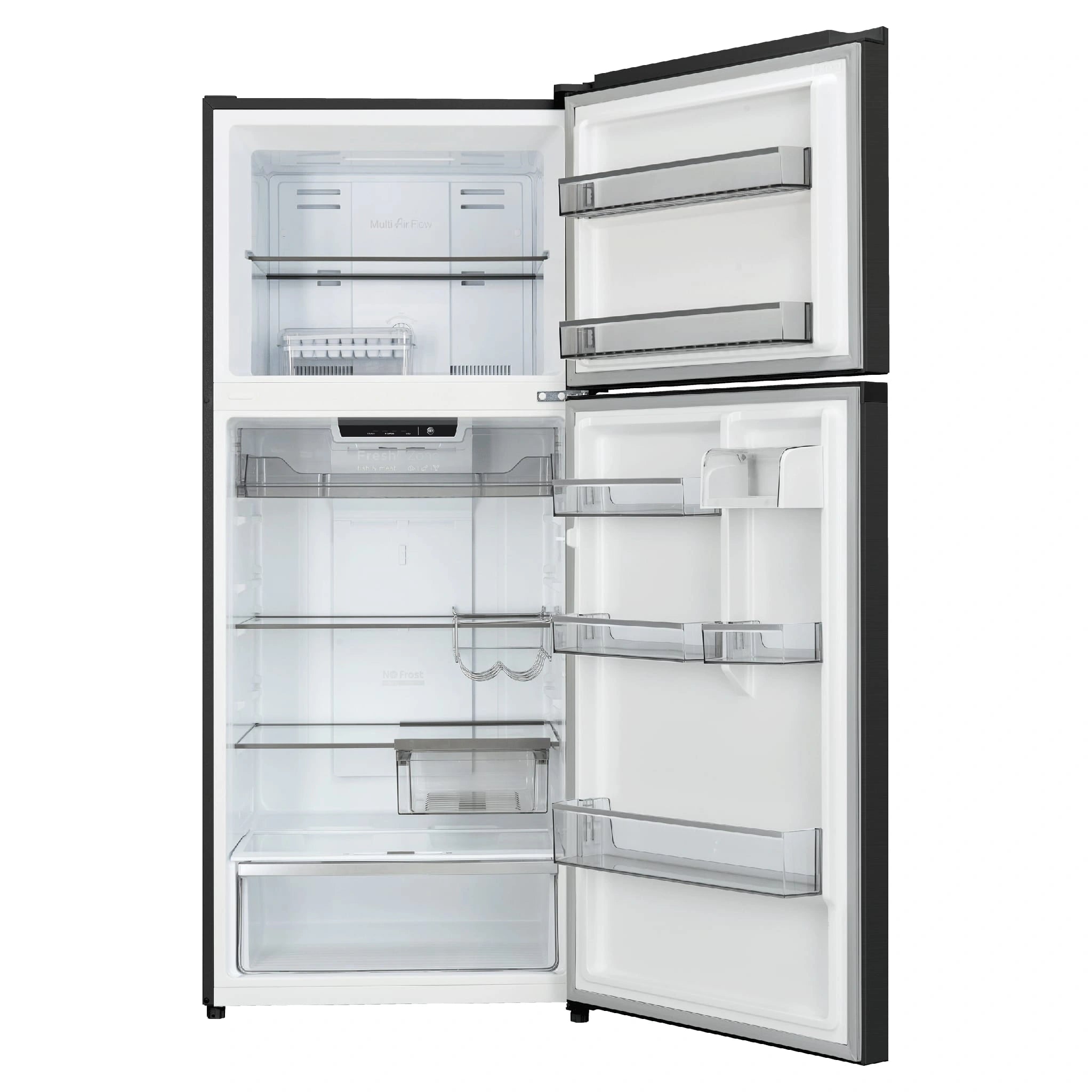 CHiQ 410L Top Mount Fridge Black Steel CTM409NBS5E, Front View With Door Open